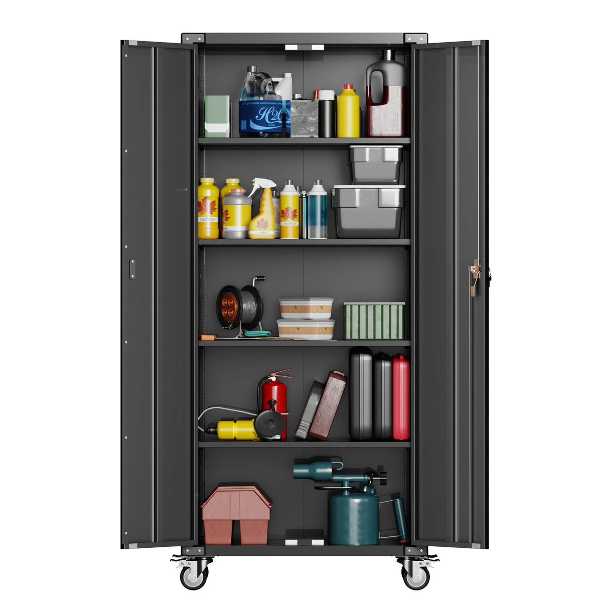 GangMei Black Metal Storage Cabinet with Wheels, 72'' Rolling Locking Garage Cabinet, 4 Adjustable Shelves, Utility Cabinet for Garage, shop, Home, Assemble Required GangMei