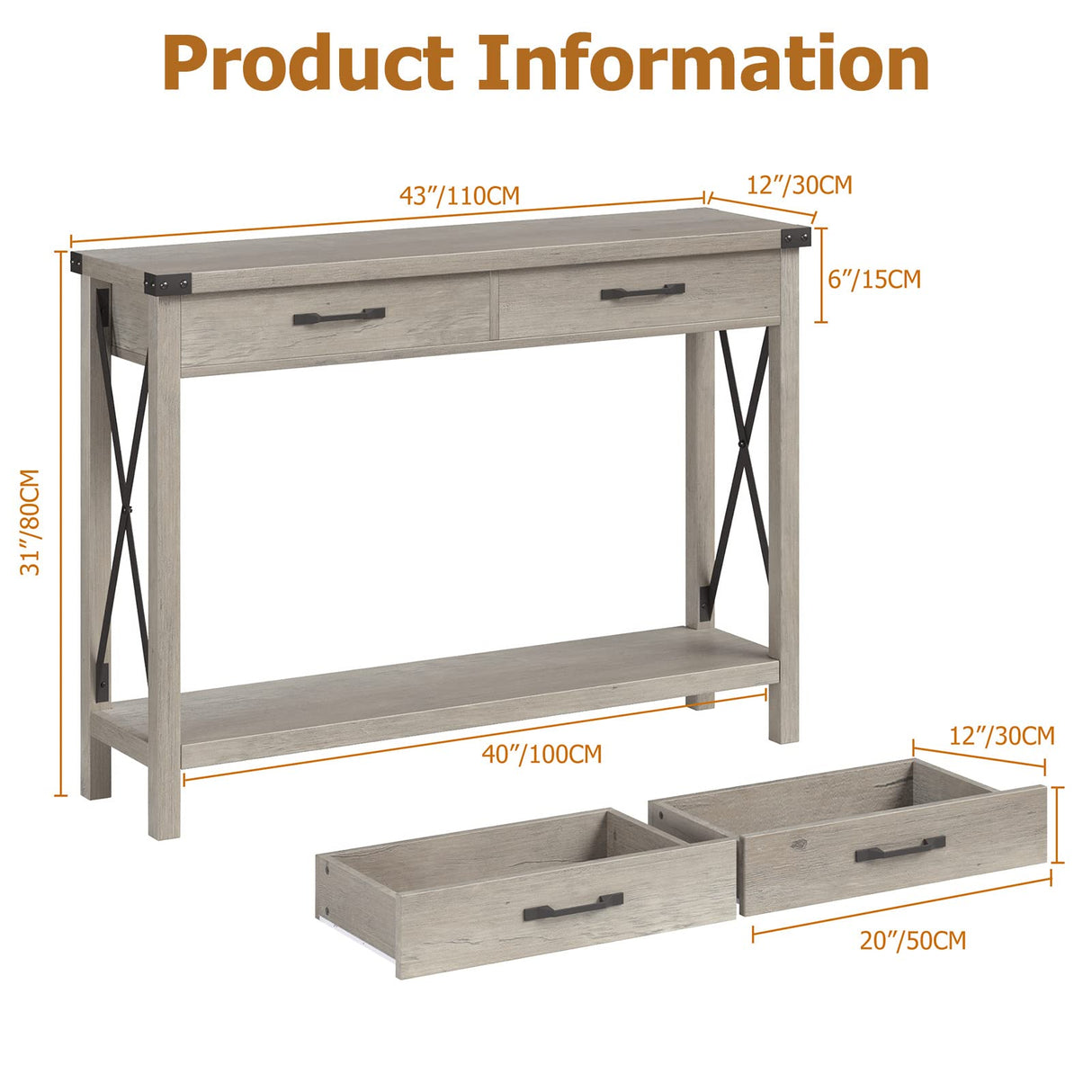 CABIHOME Farmhouse Entryway Table, Wooden Console Table with Drawers, 2 Tier Sofa Table with Storage, Console Table for Entryway, Living Room, Hallway, Foyer-Grey CABIHOME