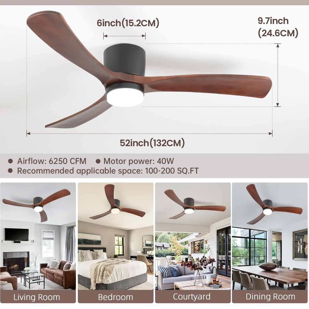 GESUM 52" Ceiling Fan With Lights Remote Control, Low Profile Ceiling Fan with 3 Walnut Wood Blades, Reversible,Dimmable, Flush Mount Ceiling Fans for Living Room Kitchen Bedroom(Black+Walnut) GESUM