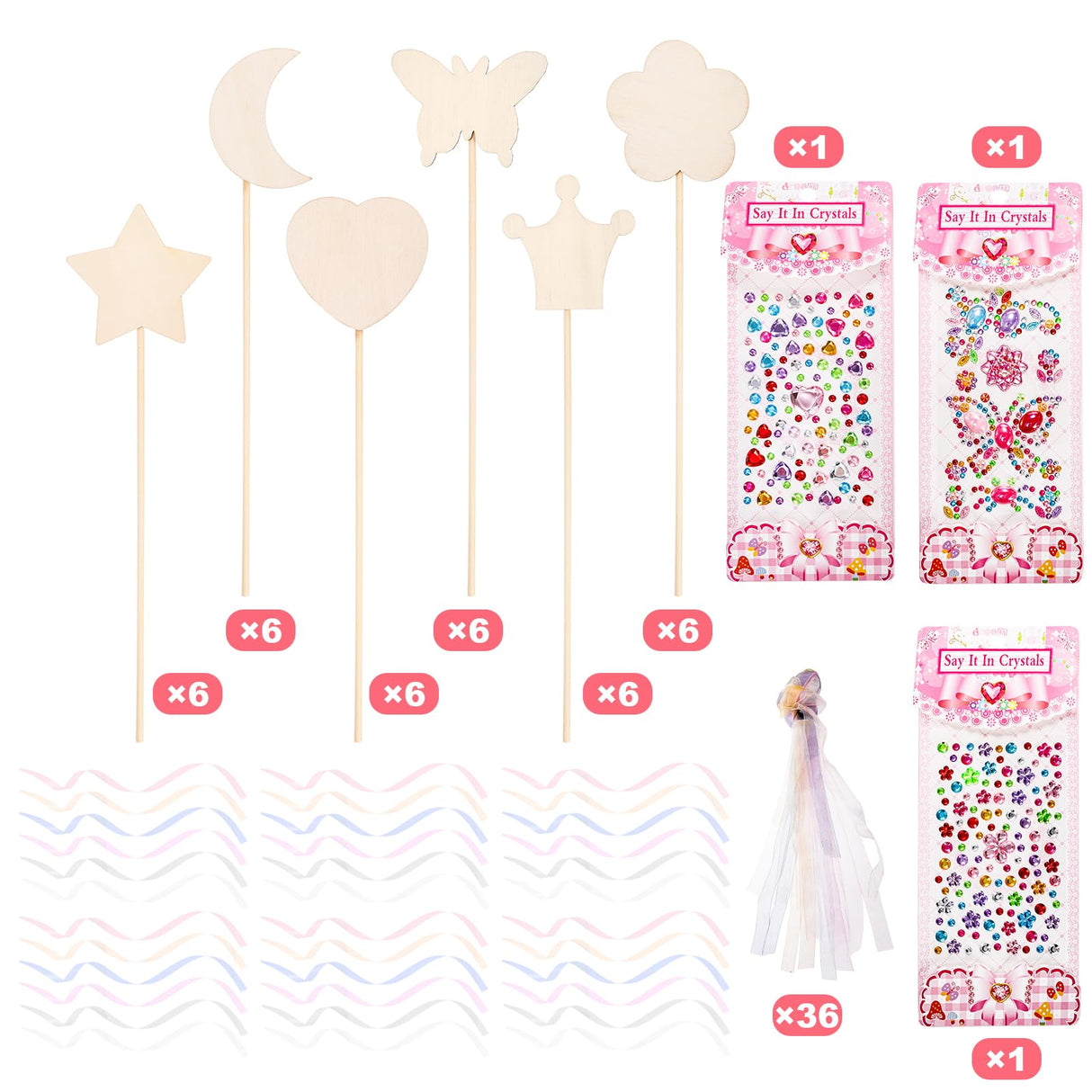 Frcctre 36 Pieces Princess Fairy Wands Kit Make Your Own Princess Wands DIY Art Craft Magical Wand Include 36 Pcs 6 Styles Unfinished Wooden Princess Wand 36 Pcs Ribbons 3 Pcs Gem Stickers Frcctre