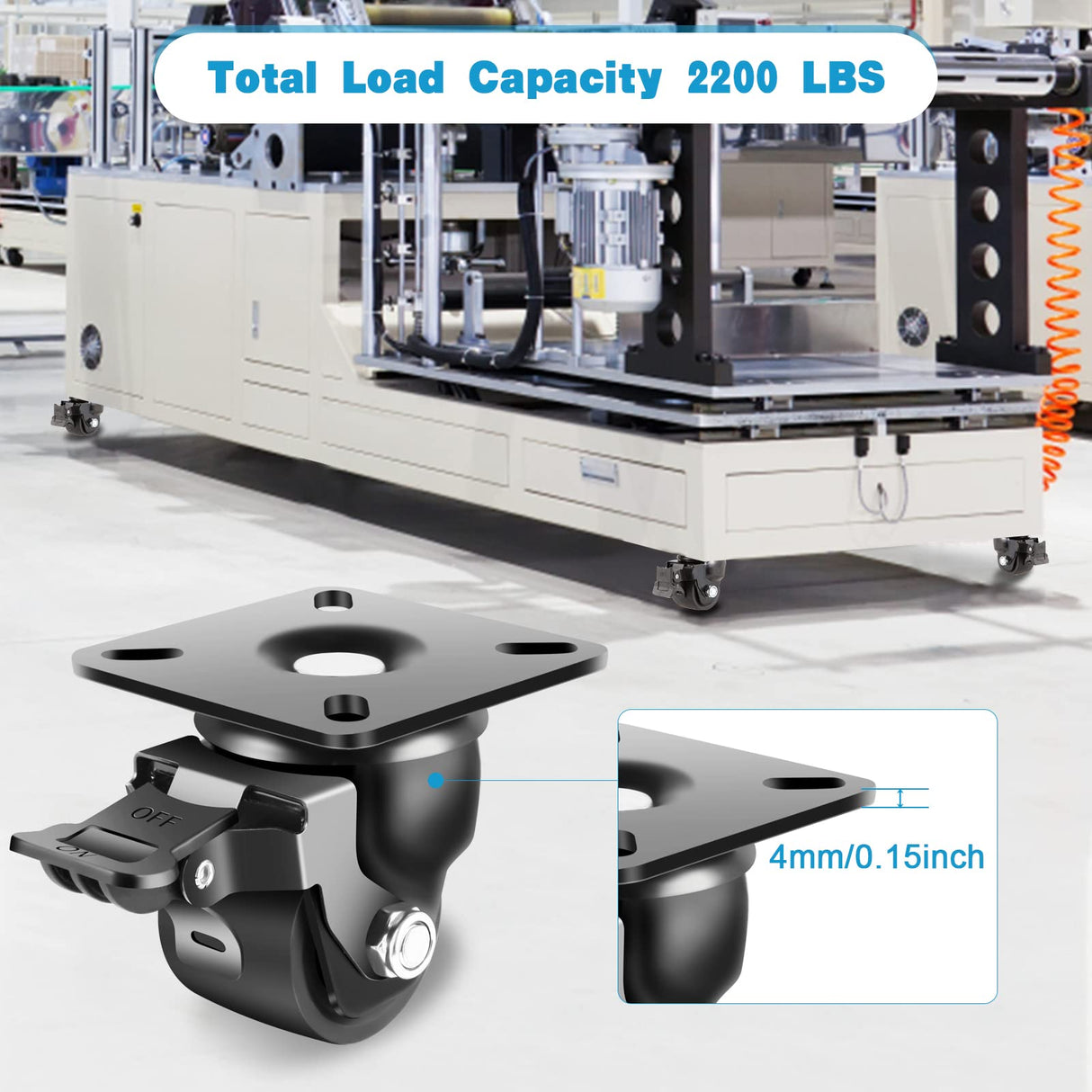 Nefish 2 Inch Caster Wheels with Brake, Extra Width Plate Swivel Caster Set of 4 Heavy Duty Load Capacity 2200 LBS, Sturdy Nylon Furniture Caster Wheels for Cart, Furniture, Toolbox Workbench Nefish
