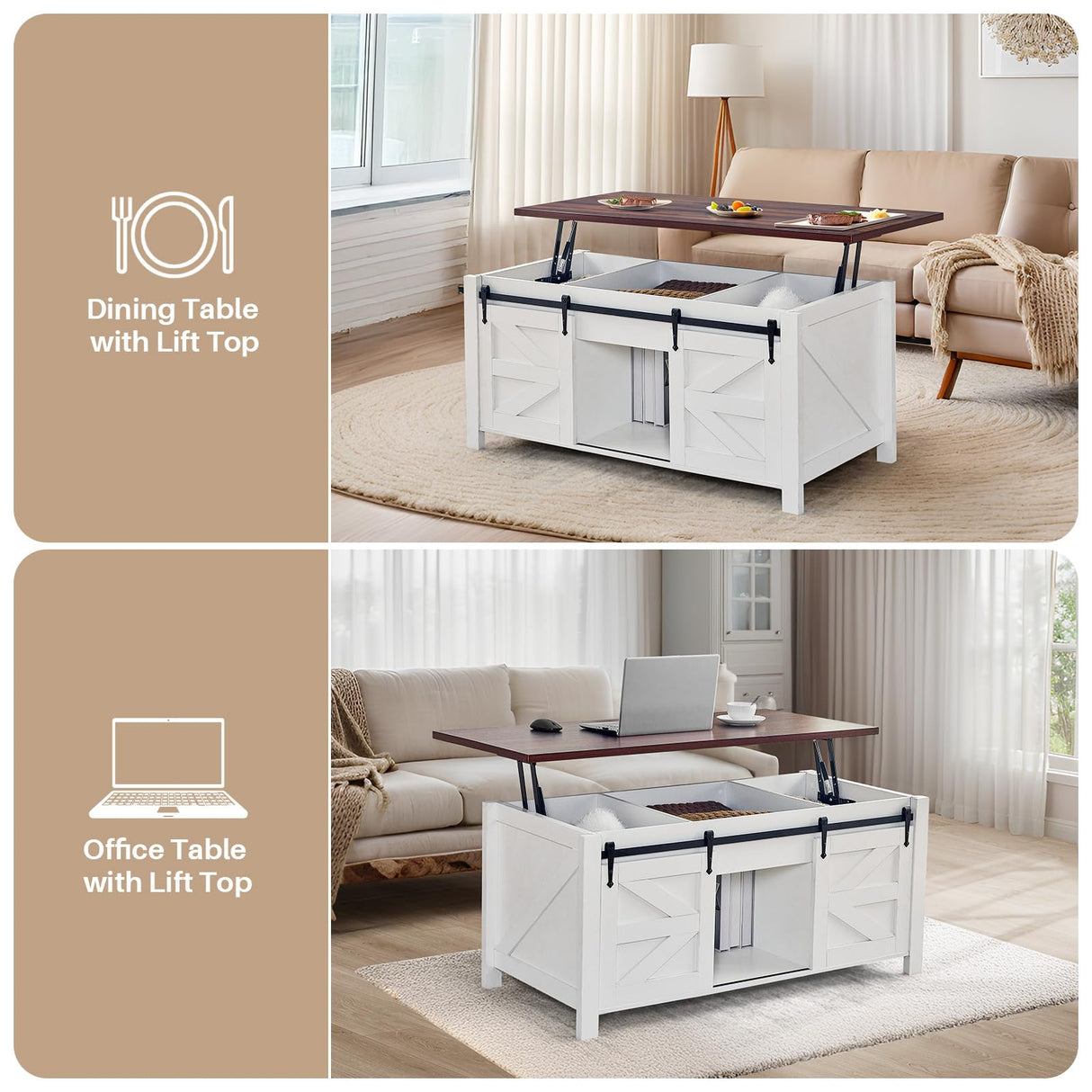 Redlife Lift Top Coffee Table, Coffee Table with Storage, 47" White Coffee Table with Lifting Top, Lifting Tabletop with Sliding Barn Door for Living Room, Office, Farmhouse Coffee Table Redlifeᅟᅠ