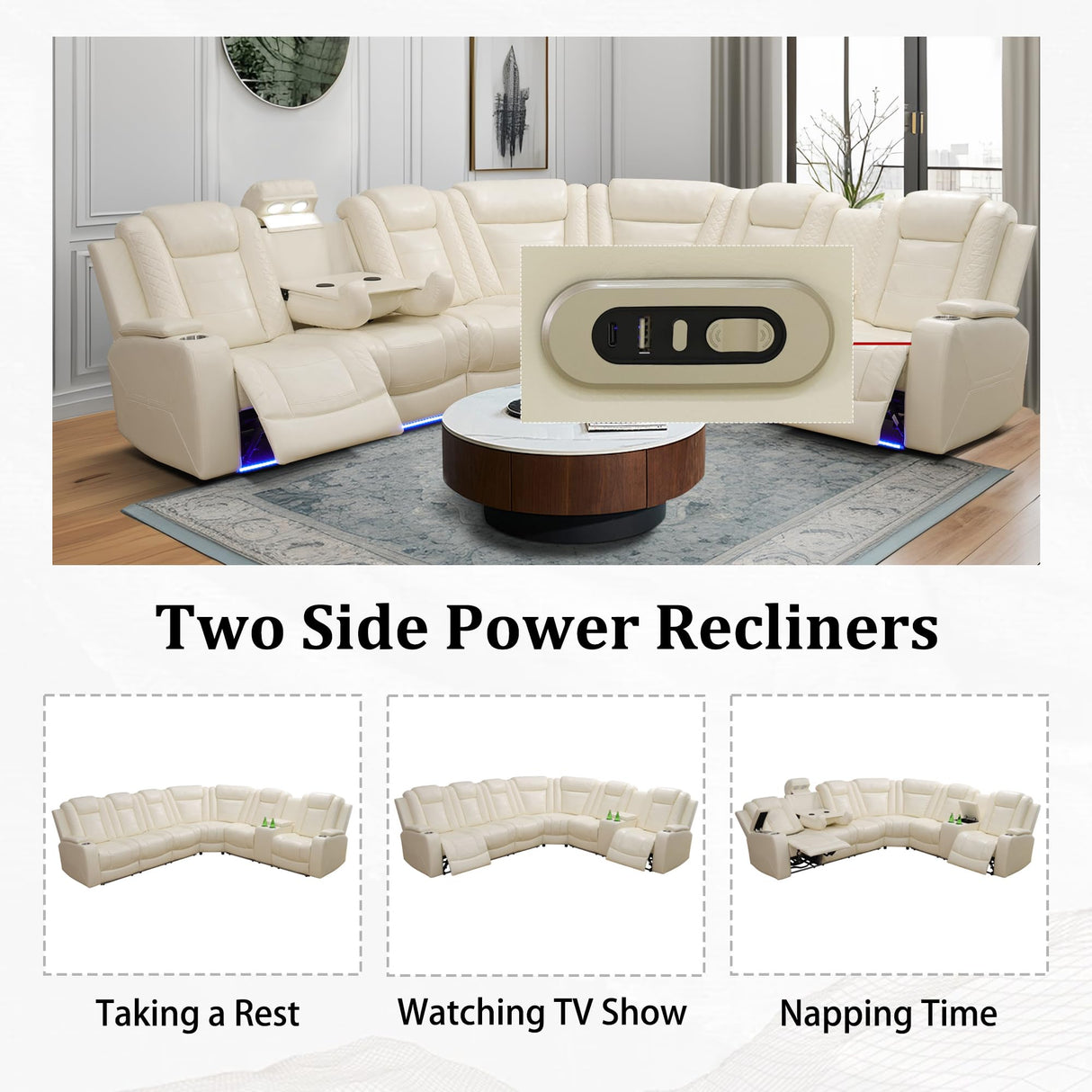 Ocstta Power Reclining Sectional Sofa Breathing Leather Sectional with Recliner, LED Light, Cup Holders and Storage 6 Seats L Shaped Recliner Couch for Home Theater Seating (Cream White) Ocstta