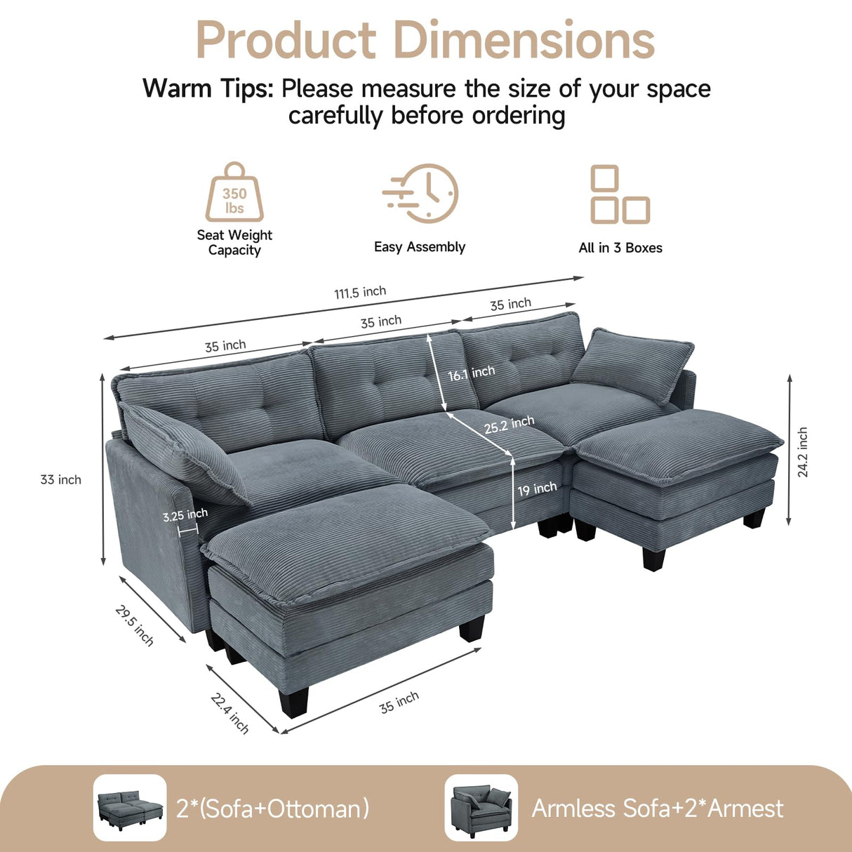 Amsleekey Modular Sectional Sofa, 111.5" U-Shaped Corduroy Comfy Sectional Couches for Living Room, 3-Seater Cloud Couches with 2 Movable Ottomans, Flexible Combination Modern Deep Seat Sofa (Grey) Amsleekey