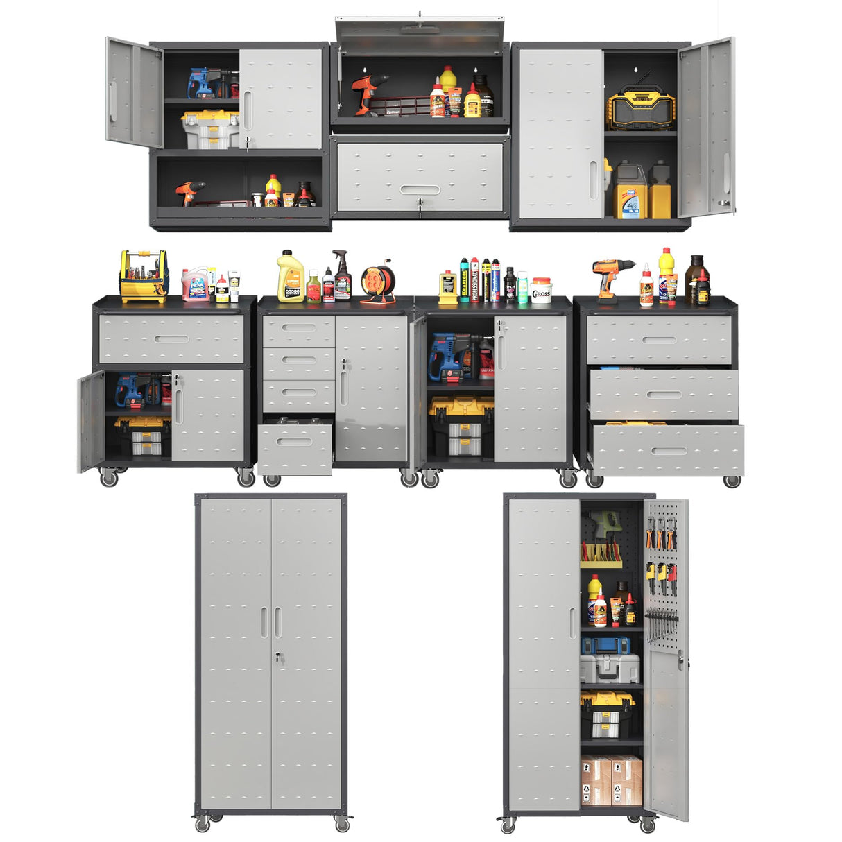 VIYET Metal Tool Cabinet,Garage Storage Cabinet System,Wall Cabinet & Locking Rolling Tool Cabinet with Doors and Adjustable Shelves,Steel Tool Cabinets for Home (10 Pcs-StyleA, Black & Grey) VIYET