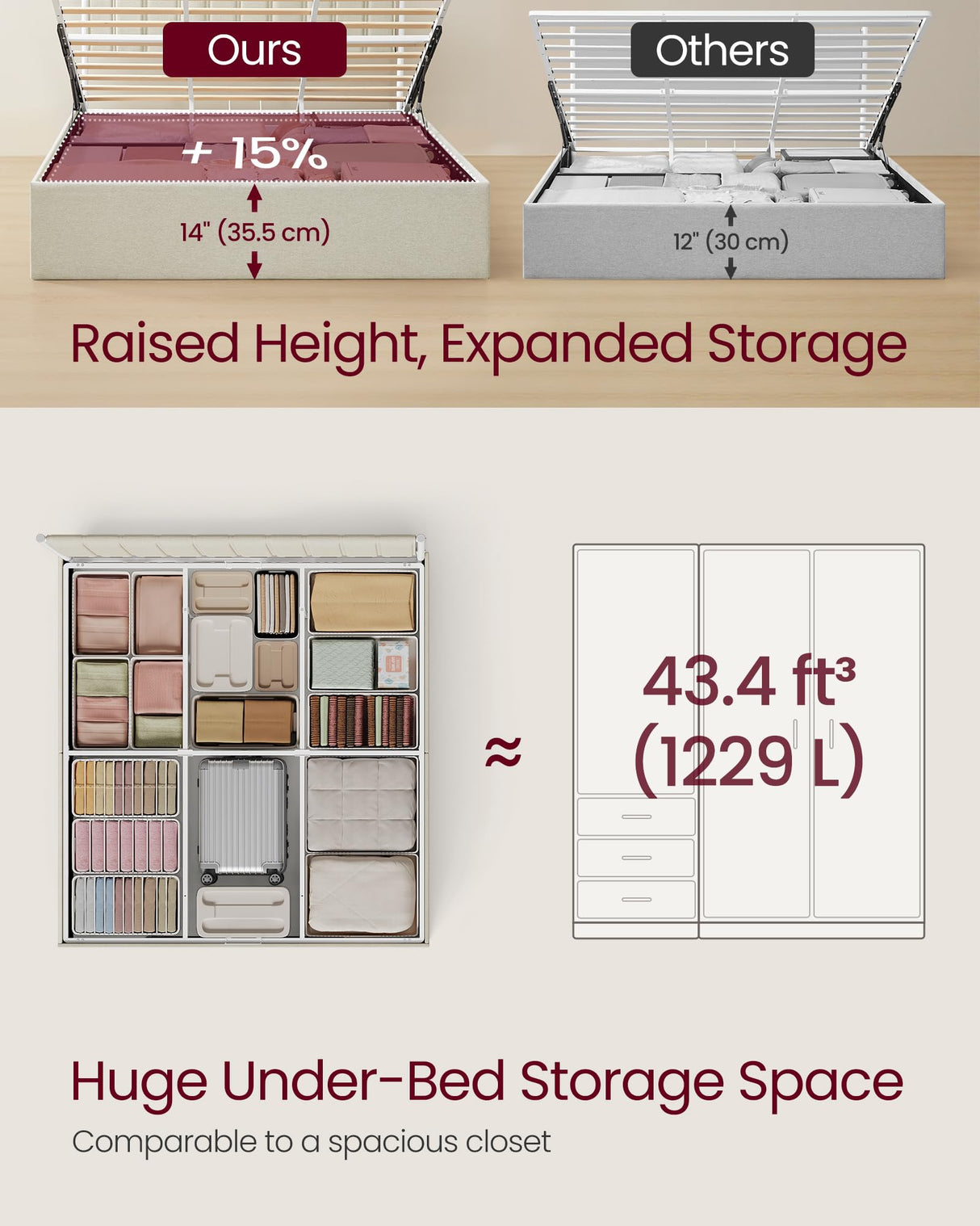 VASAGLE Lift Up Storage Bed Frame King Size, Hydraulic Platform Bed, with Upholstered Headboard, 1100 lb Weight Capacity, No Box Spring Needed, Easy Assembly, Modern, Cappuccino Beige URMB604W01V1 VASAGLE