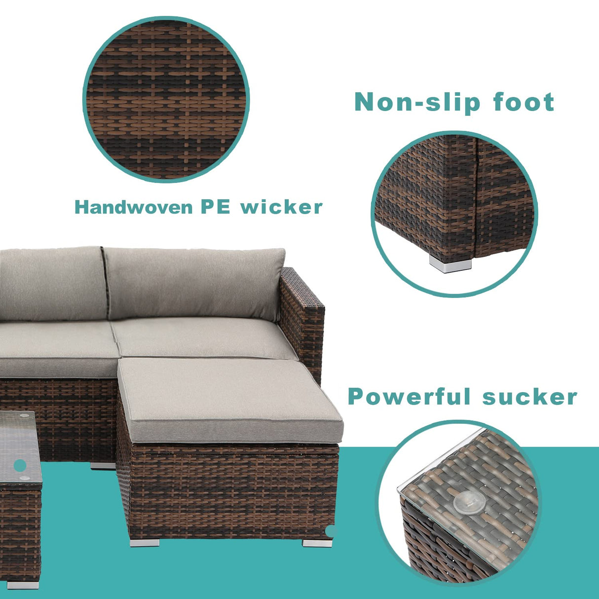 COSIEST 5-Piece Outdoor Furniture All-Weather Mottlewood Brown Wicker Sectional Sofa w Warm Gray Thick Cushions, Glass-Top Coffee Table, Patio COSIEST