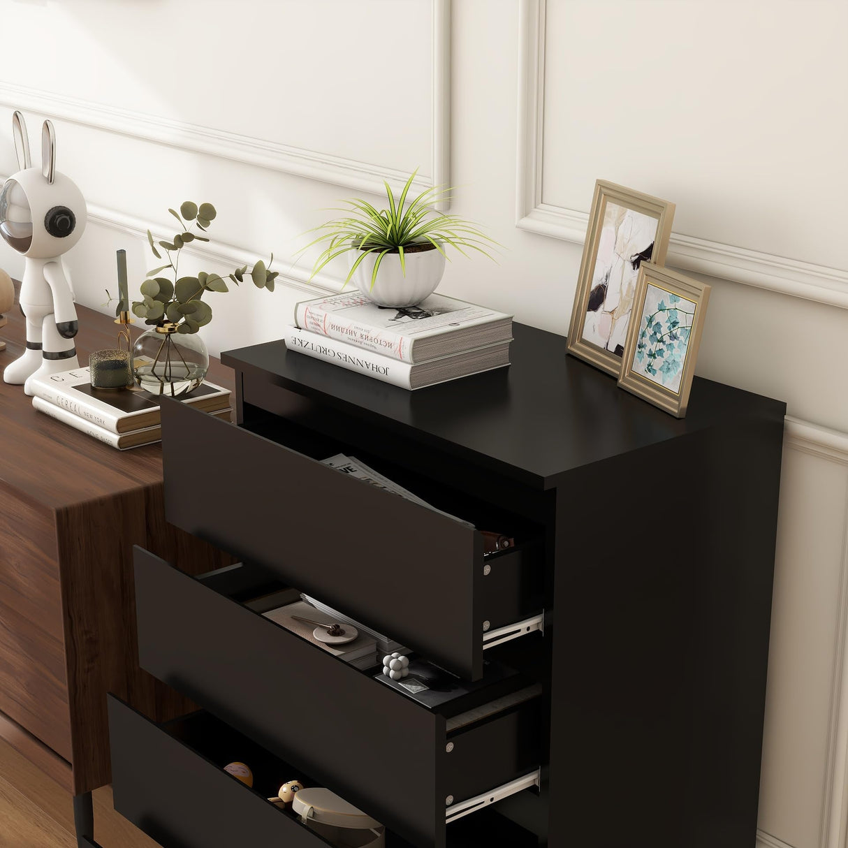 Modern Chest of Drawers, 4/5/6 Drawer Dresser Without Handles Floor Storage Drawer Cabinet Vertical Dresser Storage Organizer for Home Office (4 Drawers, Black) Panana