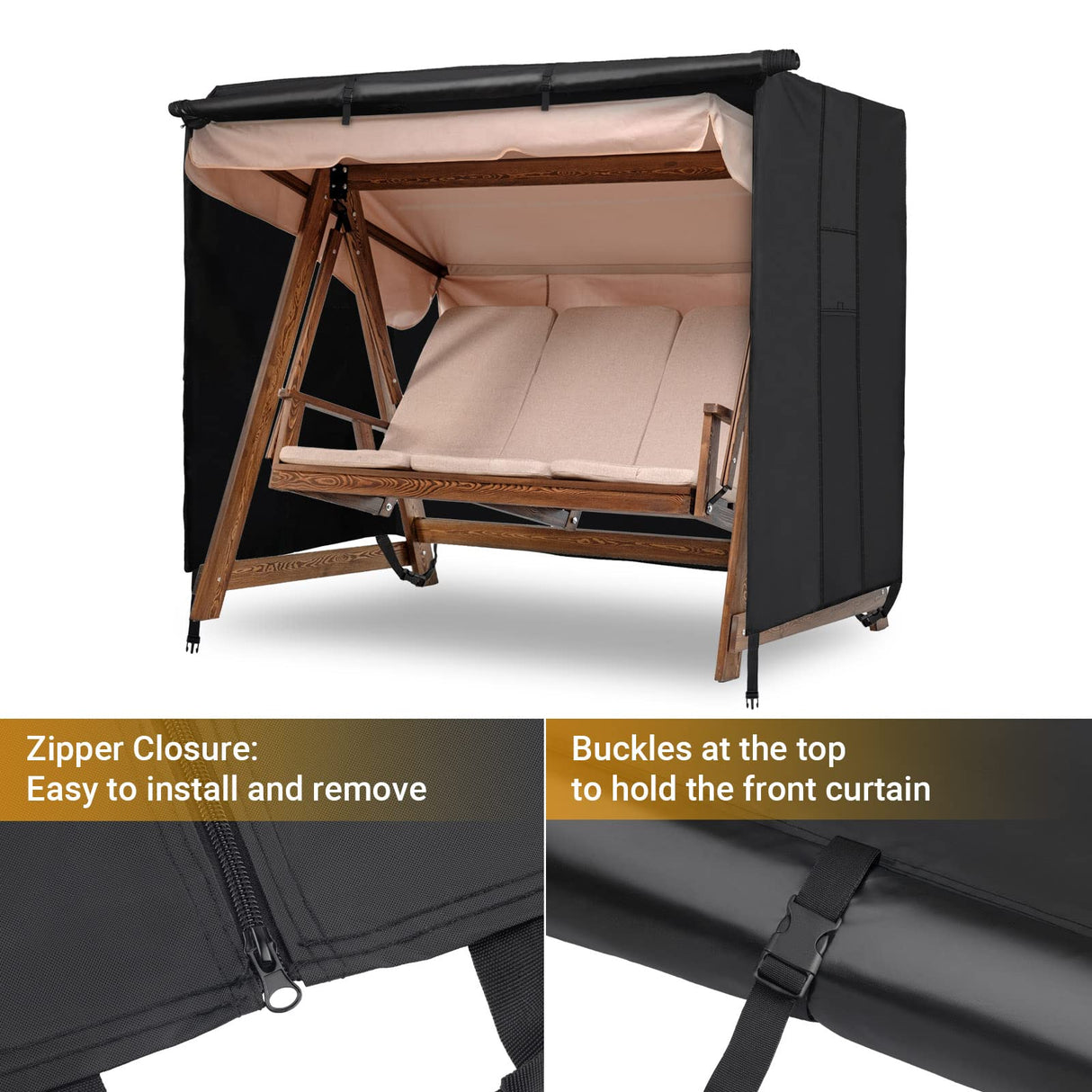 Velway Outdoor Swing Cover 3 Triple Seater Waterproof Patio Hammock Cover 87x49x70 All Weather Windproof Glider Chair Cover for Garden Furniture, Black Velway