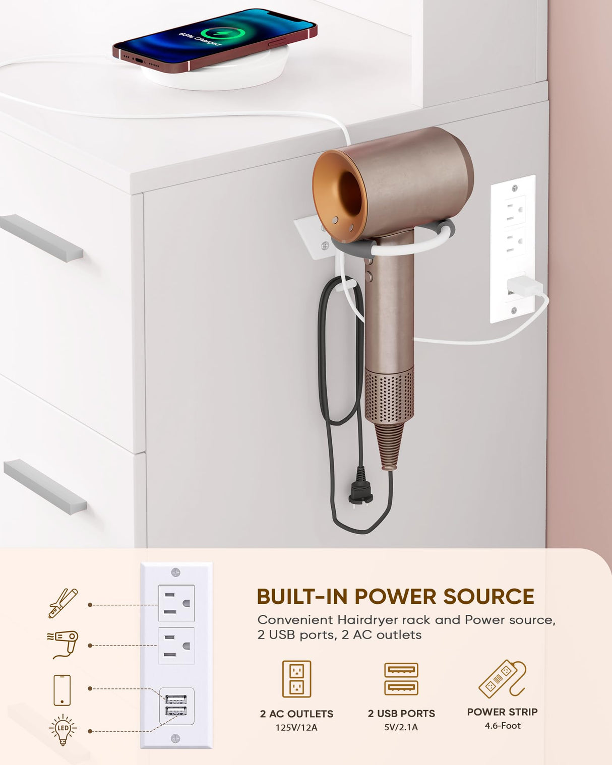 LIVELYGLOW Makeup Vanity Desk Set, 35.4“Wx15.7”Dx53.9“H, White (Smart LED Mirror, with Cushion Stool, Hairdryer Rack, Power-Outlet, 4 Drawers, Open Shelves) LIVELYGLOW