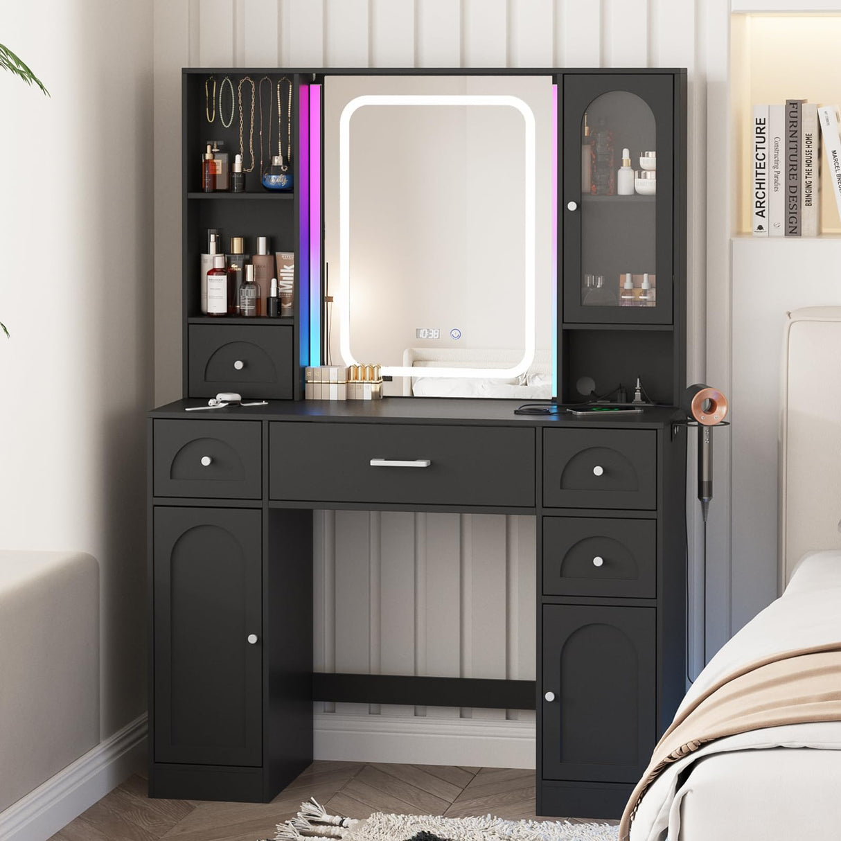 Fameill Black Makeup Vanity Desk with Lights,Makeup Vanity with RGB Lights and Power Strip,Vanity Table with 5 Drawers Lots Storage & Time Display,3 Lighting Modes Vanity Mirror with Lights,41.3in(L) Fameill