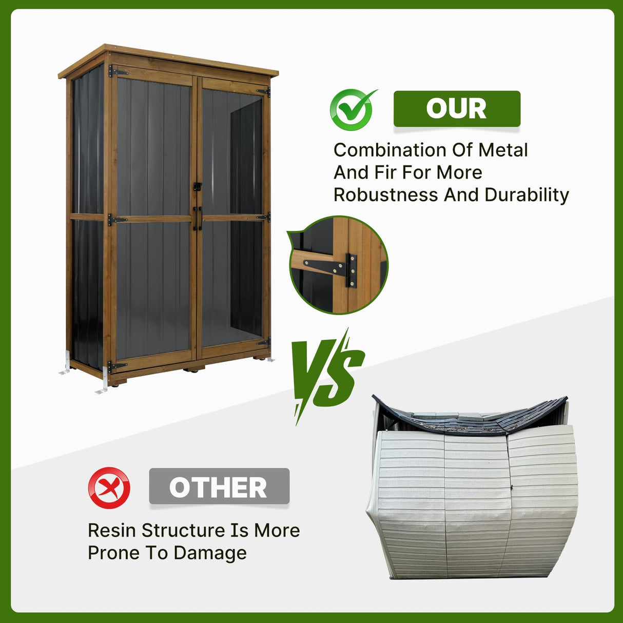 Outdoor Storage Cabinet Wood & Metal with Waterproof Roof, Garden Tool Shed with 4 adjustable reinforced feet with metal brackets, 3 Removable Shelves, 6 T-Hinge, Magnetic door,18.1"D x 49"W x 68.5"H Gowoodhut