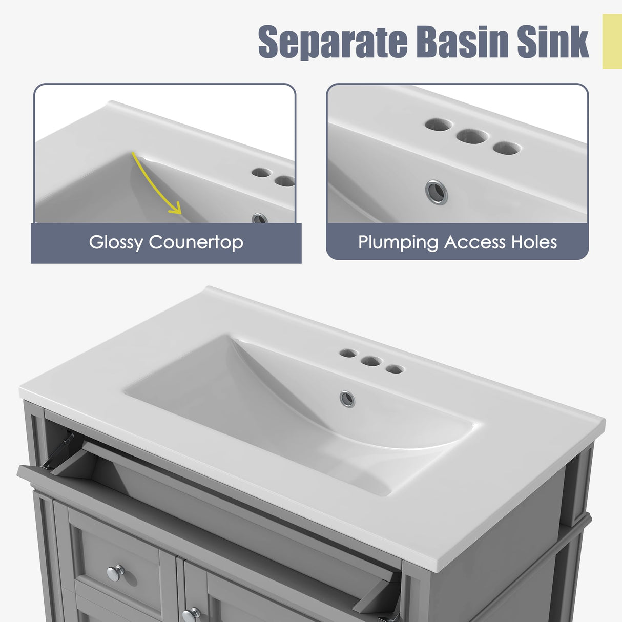 Virubi 30" Bathroom Vanity with Single Sink Combo, Modern Undermount Bathroom Sink Cabinet with 2 Drawers and a Tip-Out Drawer, Freestanding Bathroom Vanities, Soft Closing, Solid Wood Frame Virubi