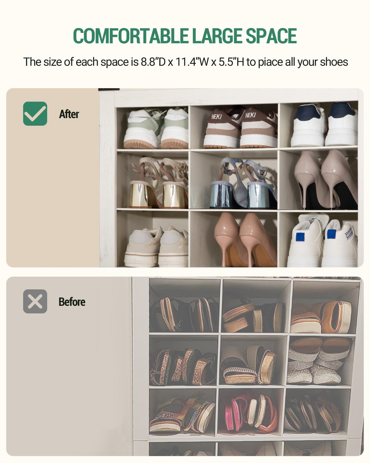 Hzuaneri Shoe Storage Cabinet with Doors, 30 Pairs Free Standing Closet Organizer, 8.8" Widened Cell Wood Shoe Shelves, 10 Tiers Vertical Shoe Rack for Entryway, Bedroom, Rustic White SR20914X Hzuaneri