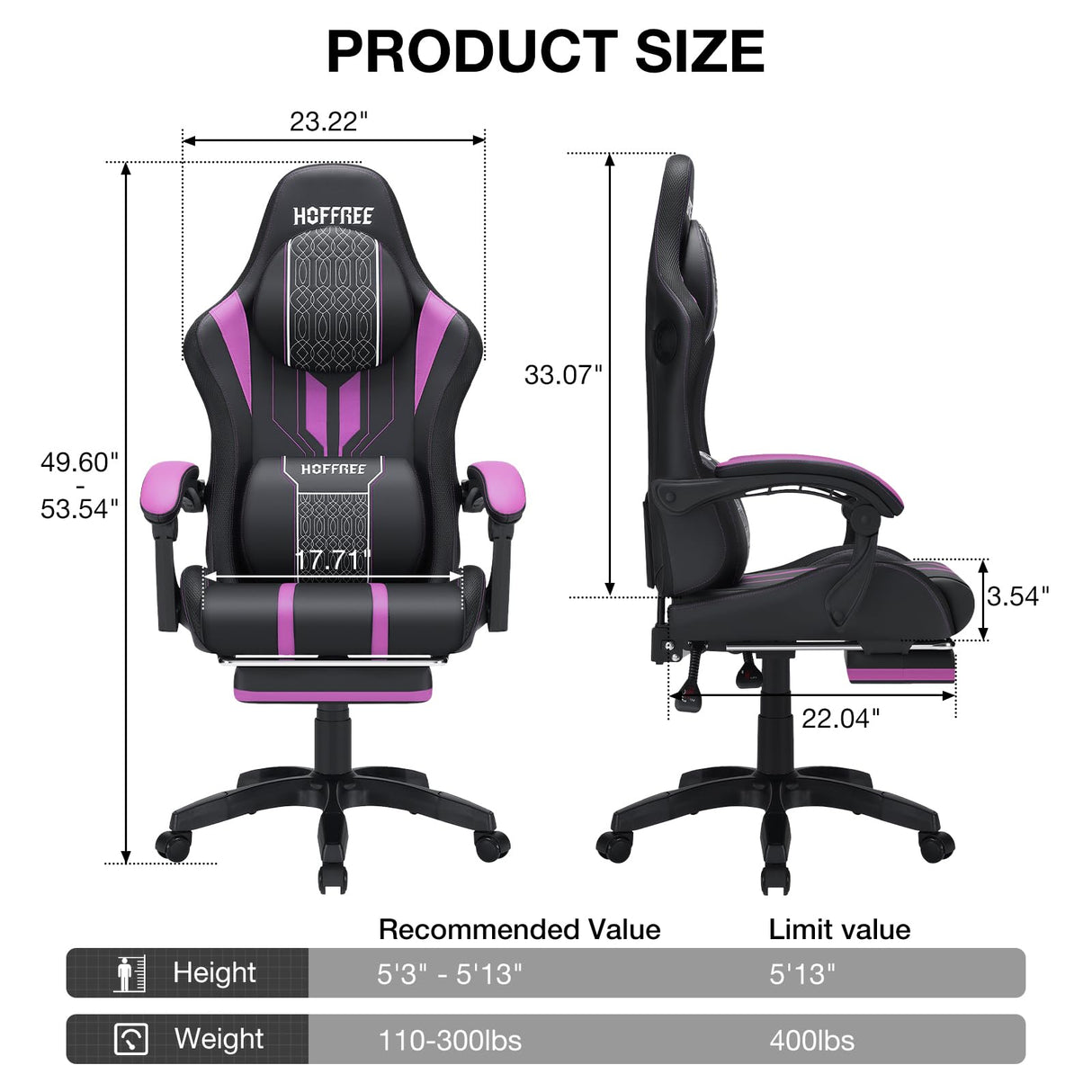 HOFFREE Gaming Chair with Speakers Massage Big and Tall Gaming Chairs with Footrest and Bluetooth for Adults 400lbs Reclining High Back Computer Desk Chair Purple and Black HOFFREE