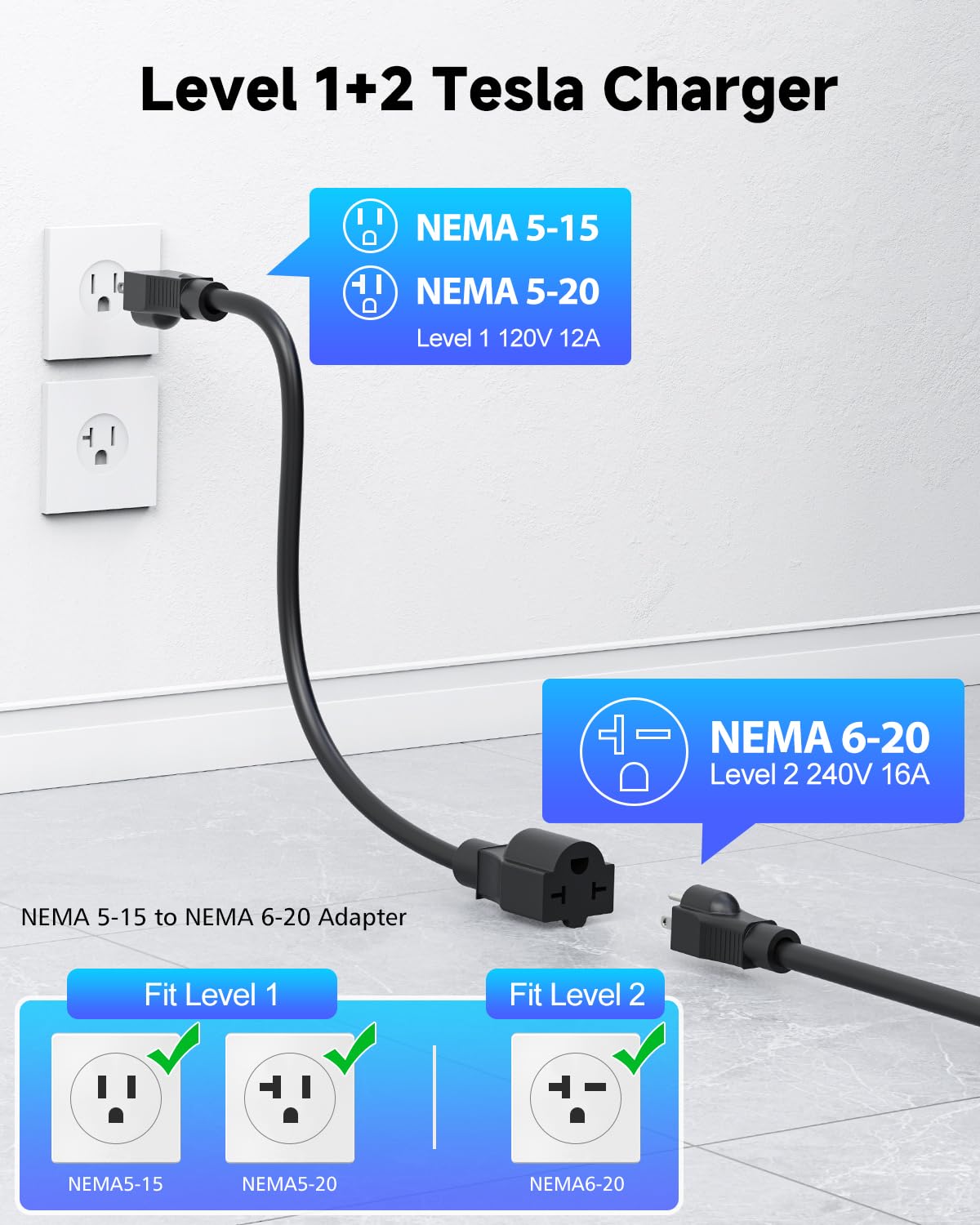 Level 1/2 EV Charger for Tesla, 16A Electric Car Mobile Charger for Tesla 25ft Cable with 240V NEMA 6-20 Plug, 120V NEMA 5-15 Adapter, NACS Connector, Home Portable Wall Charger for Tesla ModelY/3/S/X SEGUMA
