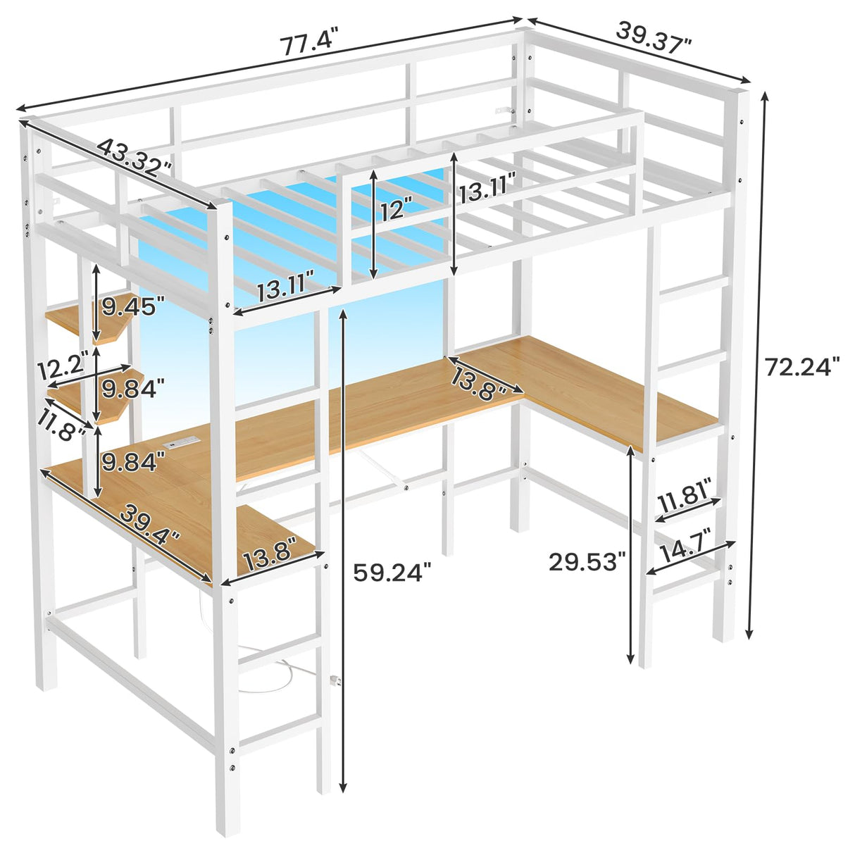 DICTAC Loft Bed Twin Size with U Shaped Desk and Led Lights Metal Twin Loft Led Bed Frame with Charging Station and Storage Shelves, Safety Guard & Ladder, No Noise,No Box Spring Needed, White DICTAC