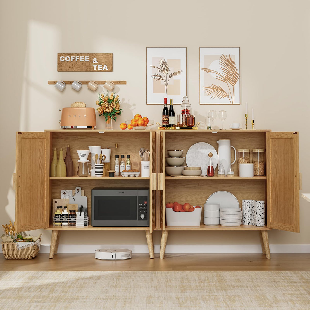 Iwell Storage Cabinet, Rattan Cabinet with Adjustable Shelf & Doors, Buffet Cabinet with Storage, Accent Cabinet for Living Room, Kitchen, Entryway, Natural Iwell