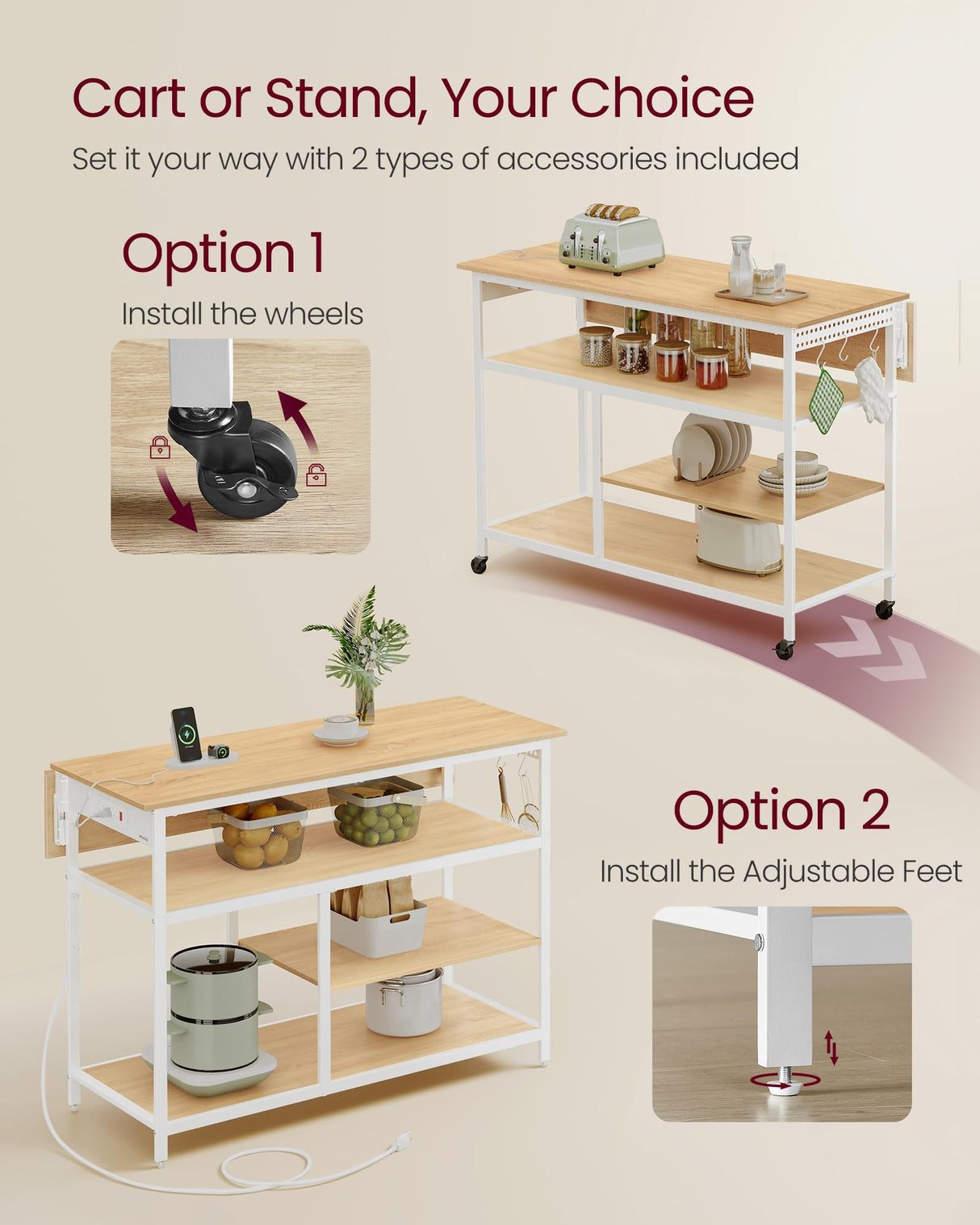 VASAGLE Kitchen Island with Drop Leaf, 47.2" Width Rolling Kitchen Cart with Power Strip, Extendable Worktop, Workbench,Pegboard, Adjustable Shelf, Golden Oak and Cloud White UKKI013Y01 VASAGLE