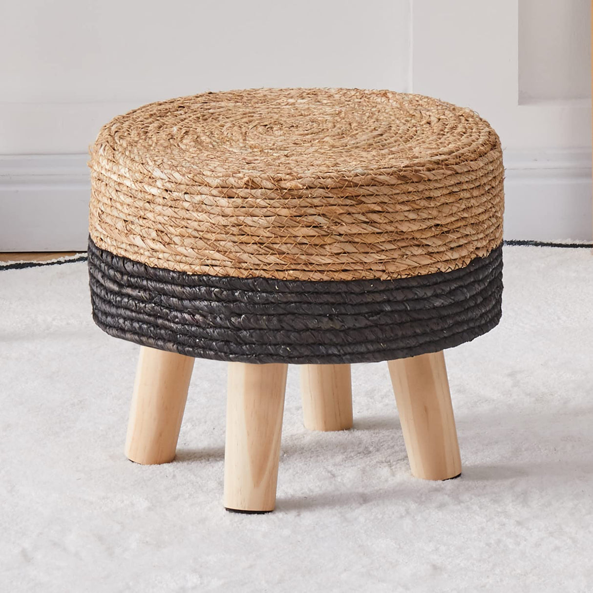 Cpintltr Ottoman Natural Seagrass Footrest Poufs Hand Weave Round Foot Stool for Couch Desk Soft Step Stool Padded Foot Rest with Pine Legs for Living Room Bedroom Natural/Black Cpintltr