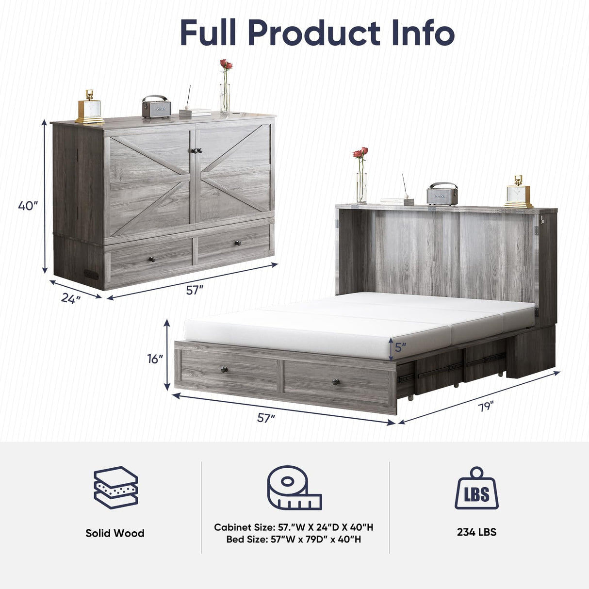 ijuicy Full Murphy Bed with Storage & Multifunctional Charging Station, Farmhouse Murphy Cabinet Bed with Foldable Panel, Space-Saving Beds for Guest Bedroom,Living Room(Mottled Grey, with Mattress) ijuicy