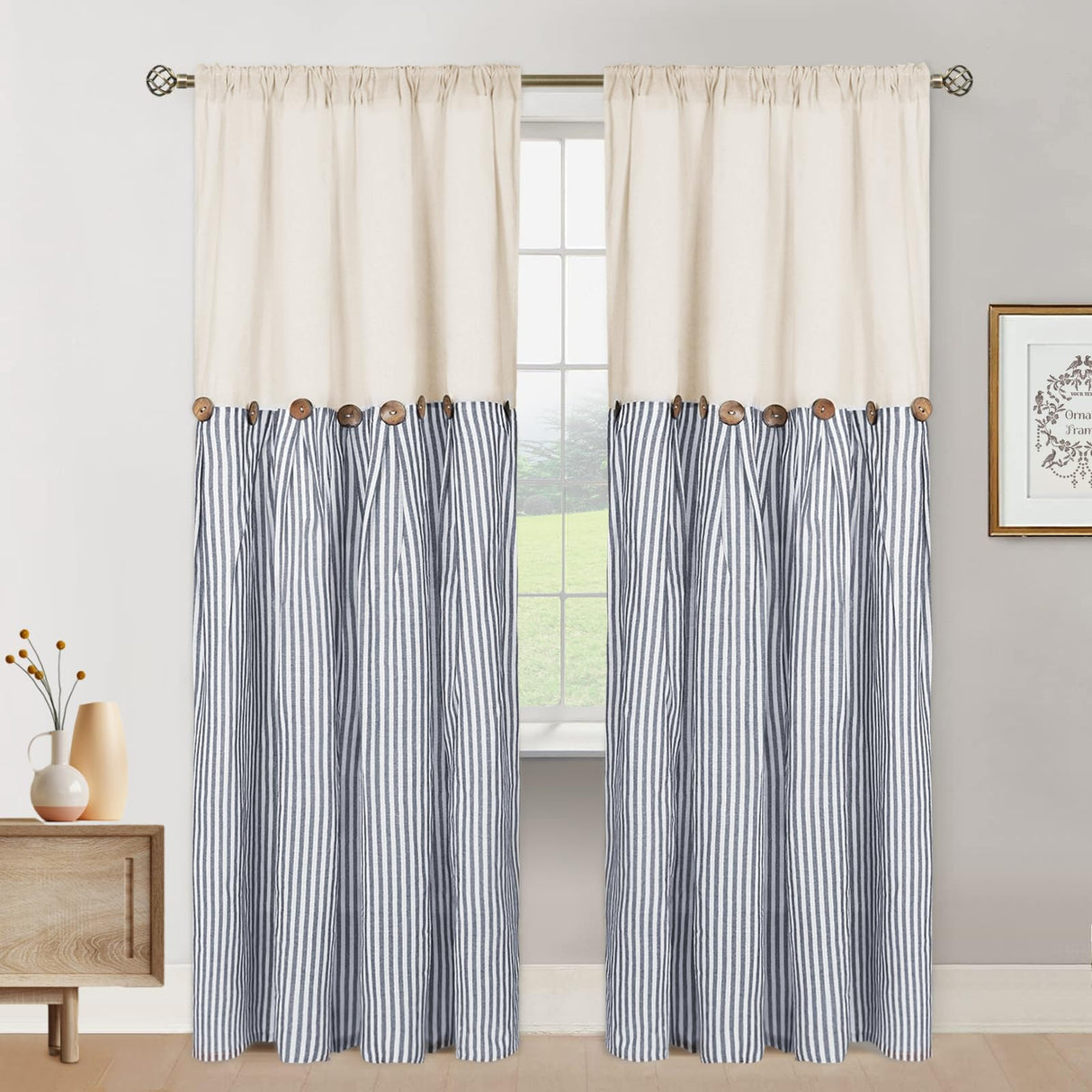 ASPMIZ Cotton Linen Farmhouse Curtains Boho Rustic Button Drapes, Linen Window Curtain Panels, Blue Stripe Country Curtain for Living Room, Modern Back Tab Blackout Curtains 52 x 84 Inch, 2 Panels ASPMIZ