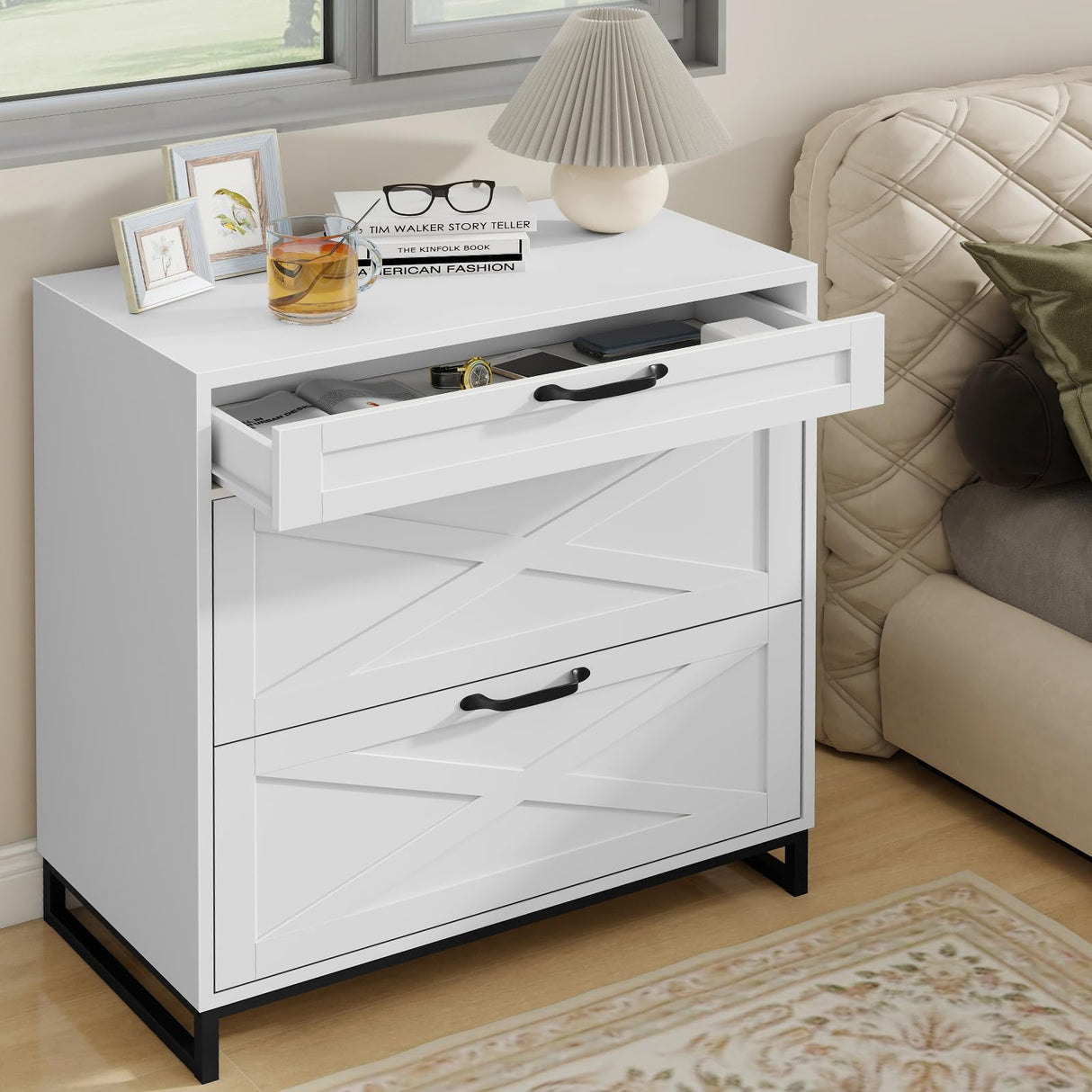 Lateral File Cabinet with 3 Drawers, Modern Farmhouse File Cabinet for Legal/Letter/A4 Size Hanging Files, Printer Stand Large Wood Home Office, White Vabches