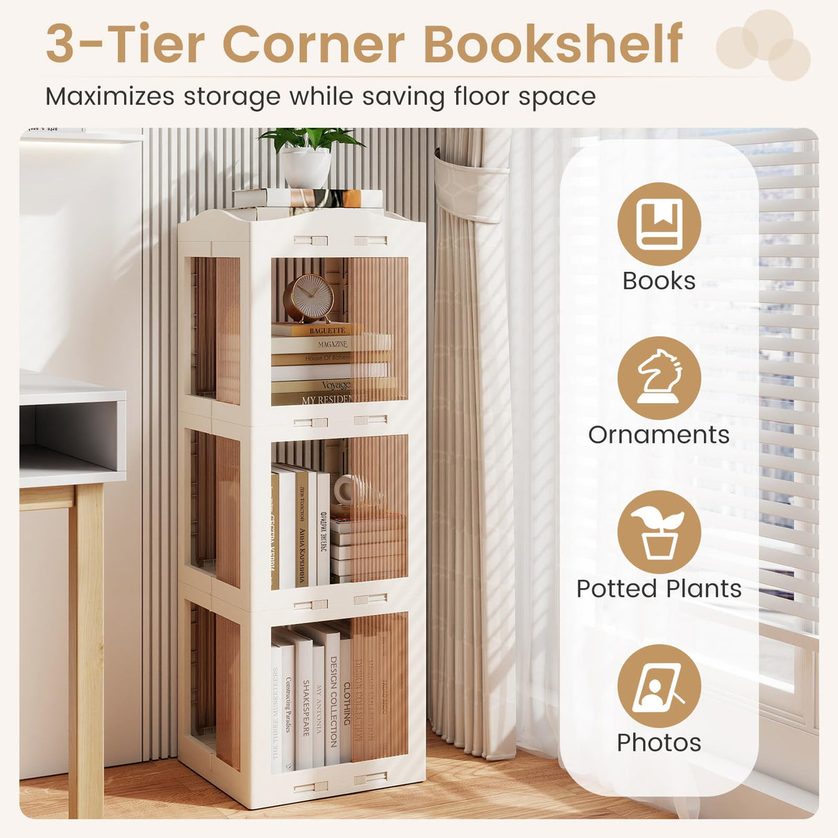 Giantex Foldable Rotating Bookshelf, 3-Tier Spinning Bookcase w/Swivel Base, 360° Revolving Bookshelf Tower, Tall Corner Display Shelf, Translucent Storage Organizer for Living Room, Study Giantex