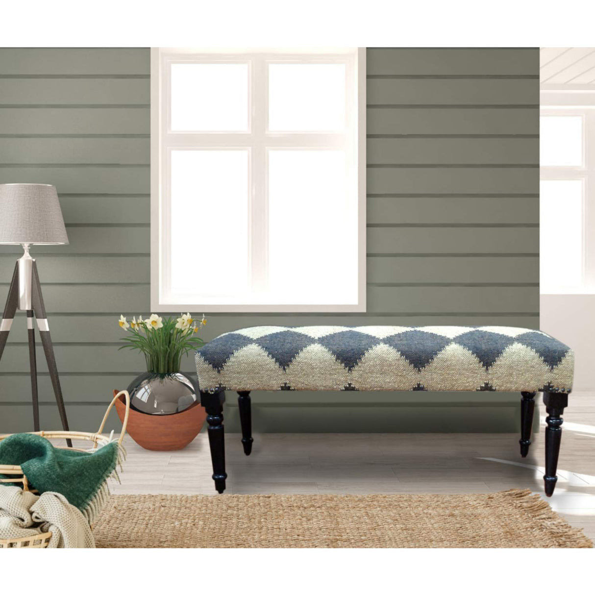 LR Home Alexei Tan/Black Upholstered Bench for Bedroom End of Bed | Farmhouse Checkered Accent Bench for Living Room, Bedroom, or Entryway Seating | Long Rectangle Sitting Bench | 47"W x 16"D x 18"H L.R. Resources Inc