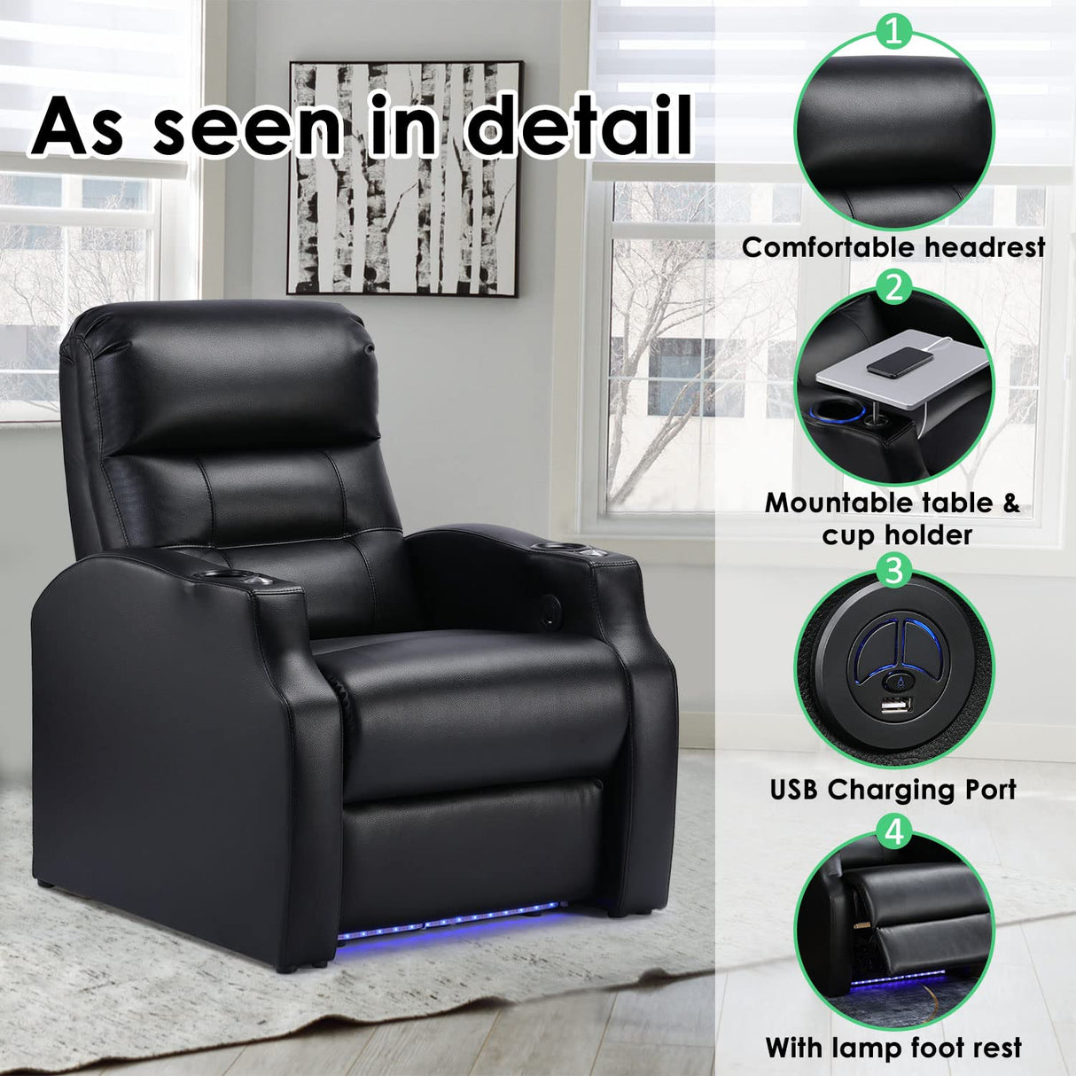 Hasaky Leather Home Theater Seating Recliner Chair with Power Footrest Single Sofa for Movie Room & Living Room Single Chair Black Hasaky