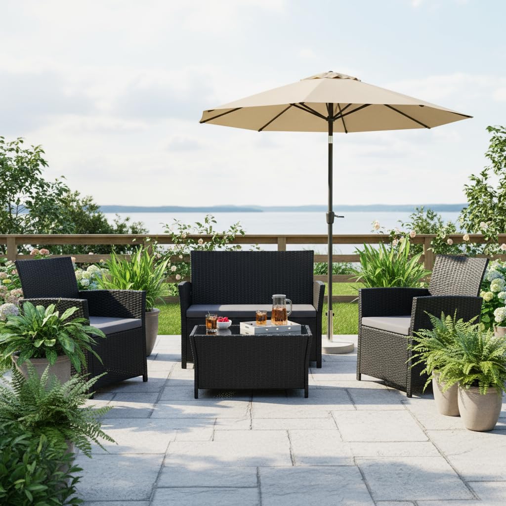 FHFO 4 Piece Outdoor Patio Furniture Sets, Outside Furniture Outdoor Sectional Wicker Conversation Sofa Set, Rattan Couch Set for Balcony Porch Backyard (Black-Grey) FHFO