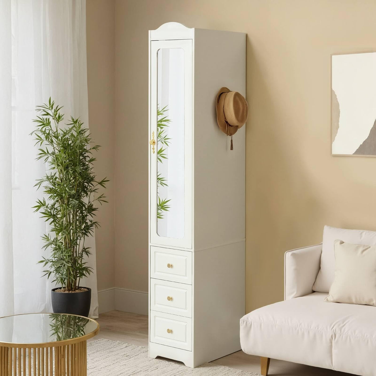 JanflyHome Armoire Wardrobe Closet, White Bedroom Armoires Cabinet with Mirror Door and 3 Drawers, 69.5" H Clothing Storage Cabinet with Hanging Rod & Sensor Light for Bedroom-Right JanflyHome