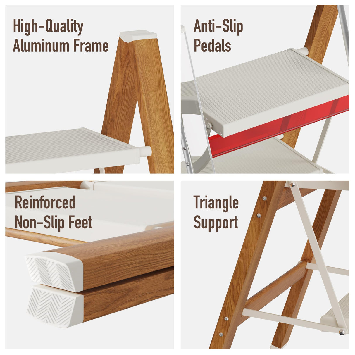 Mayi Plus 2 Step Lightweight Aluminum Folding Ladder, Portable Step Stool with Anti-Slip Pedals, 330 lbs Capacity for Home, Office, Kitchen(White&Woodgrain) mayi plus