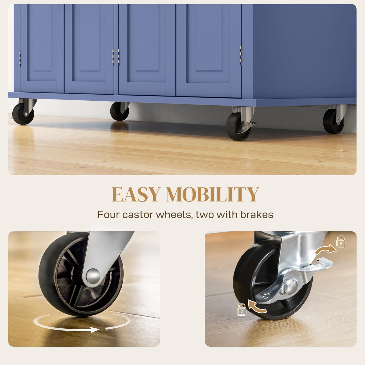 HOMCOM Kitchen Island on Wheels, Rolling Cart with Rubberwood Top, Spice Rack, Towel Rack and Drawers for Dining Room, Navy Blue HOMCOM