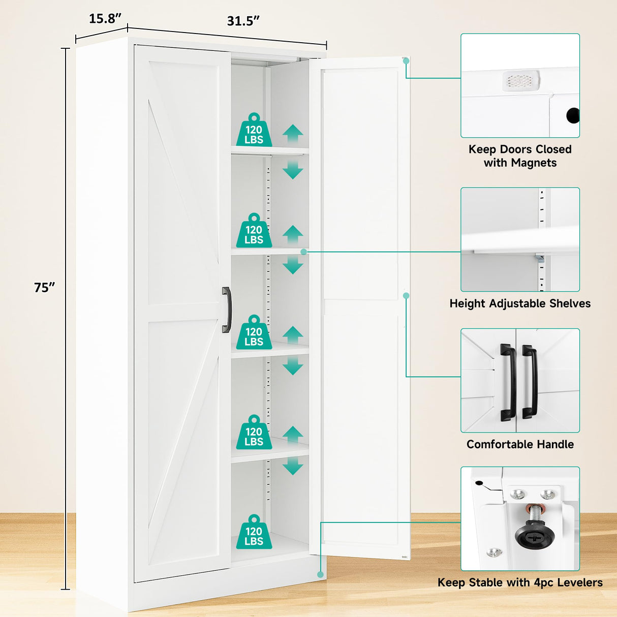SISESOL Tall Metal Storage Cabinet with 2 Doors and 5 Shelves,75 inch White Pantry Storage Cabinet,Large Farmhouse Pantry Cupboard for Home,Kitchen,Dining/Living Room SISESOL