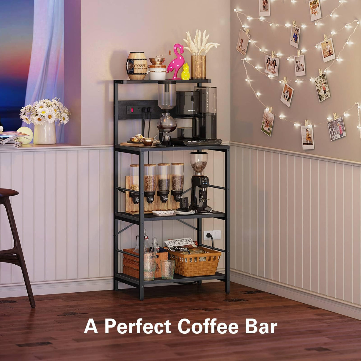 Anycoo Bakers Rack with 3 Power Outlets, 4-Tier Kitchen Microwave Stand with Storage, Freestanding Kitchen Shelf Stand 23.6”L x 15.7”W x 51.2”H, Coffee Bar Table, Black Anycoo