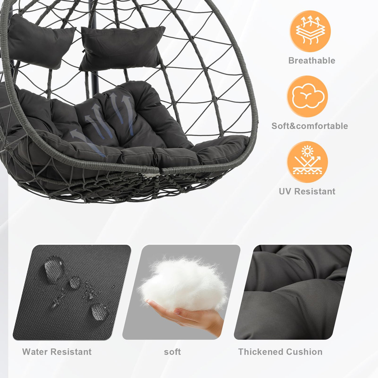 2 Person Double Egg Swing Chair with Stand Indoor Outdoor, Hammock Egg Chair Outdoor, Patio Wicker Hanging Egg Chair w/Cushion 700LBS Capacity for Bedroom, Balcony, Garden, Dark Grey Anranni