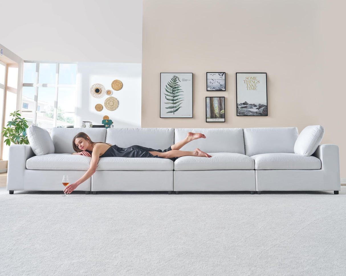 PaPaJet 114" Modular Cloud Couch, Oversized Down-Filled Sectional Sofa with Chaise and Ottoman, 4-Seater L-Shaped Sofa in White Linen for Living Room PaPaJet