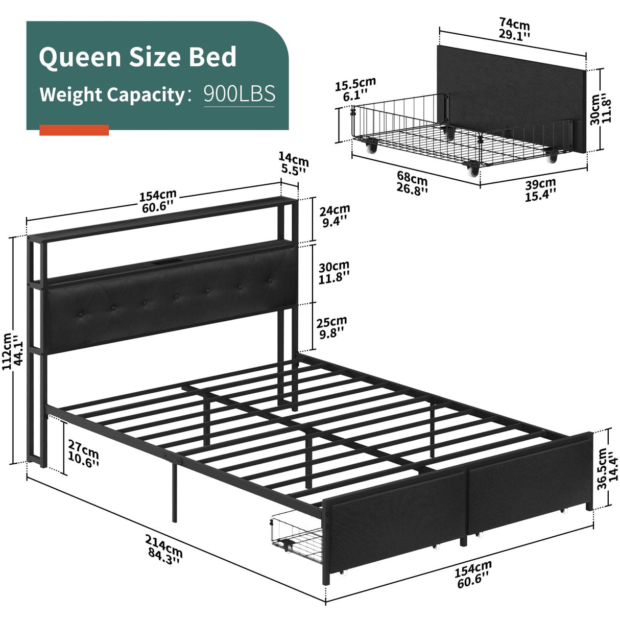 Yoobure Black Queen Bed Frame with Headboard, LED Lights & Charging Station, Storage Drawers, No Box Spring Required Yoobure