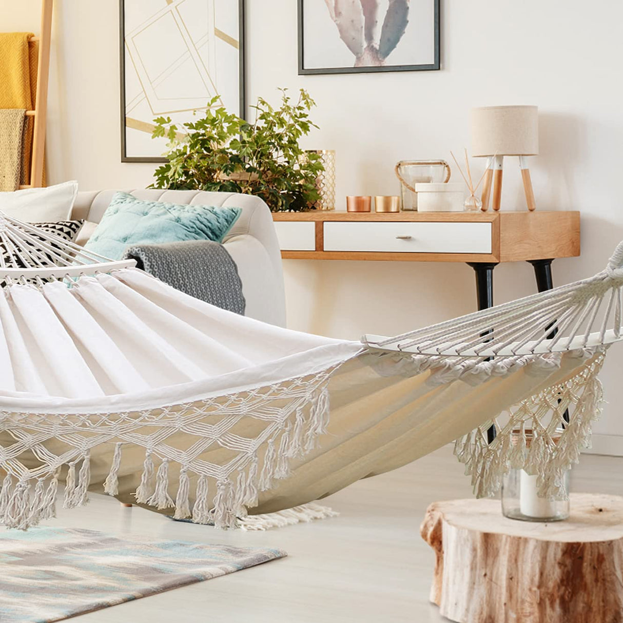 MOSFiATA Backyard Hammock with Tassels Max 500lbs Canvas Fabric Bohemian Style with Thickened Rope and Carry Bag for Outdoor, Garden, Patio, Wedding Decor (White) MOSFiATA