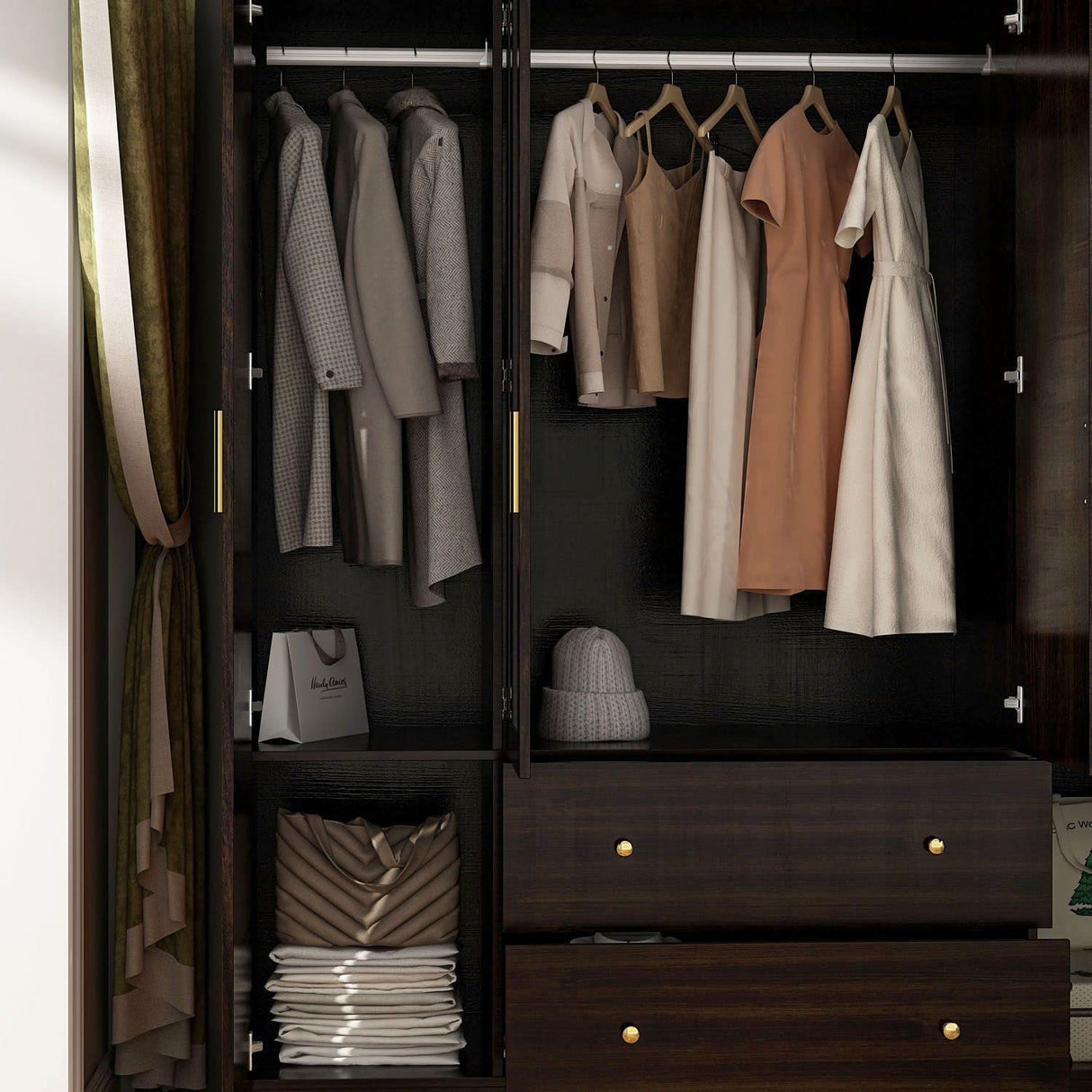 FAMAPY 4-Door Wardrobe Closet with Mirror Armoires and Wardrobes, Drawers and Shelves, Armoire Wardrobe Closet with Hanging Rod, Armoire Closet Espresso (63”W x 19.7”D x 70.9”H) FAMAPY