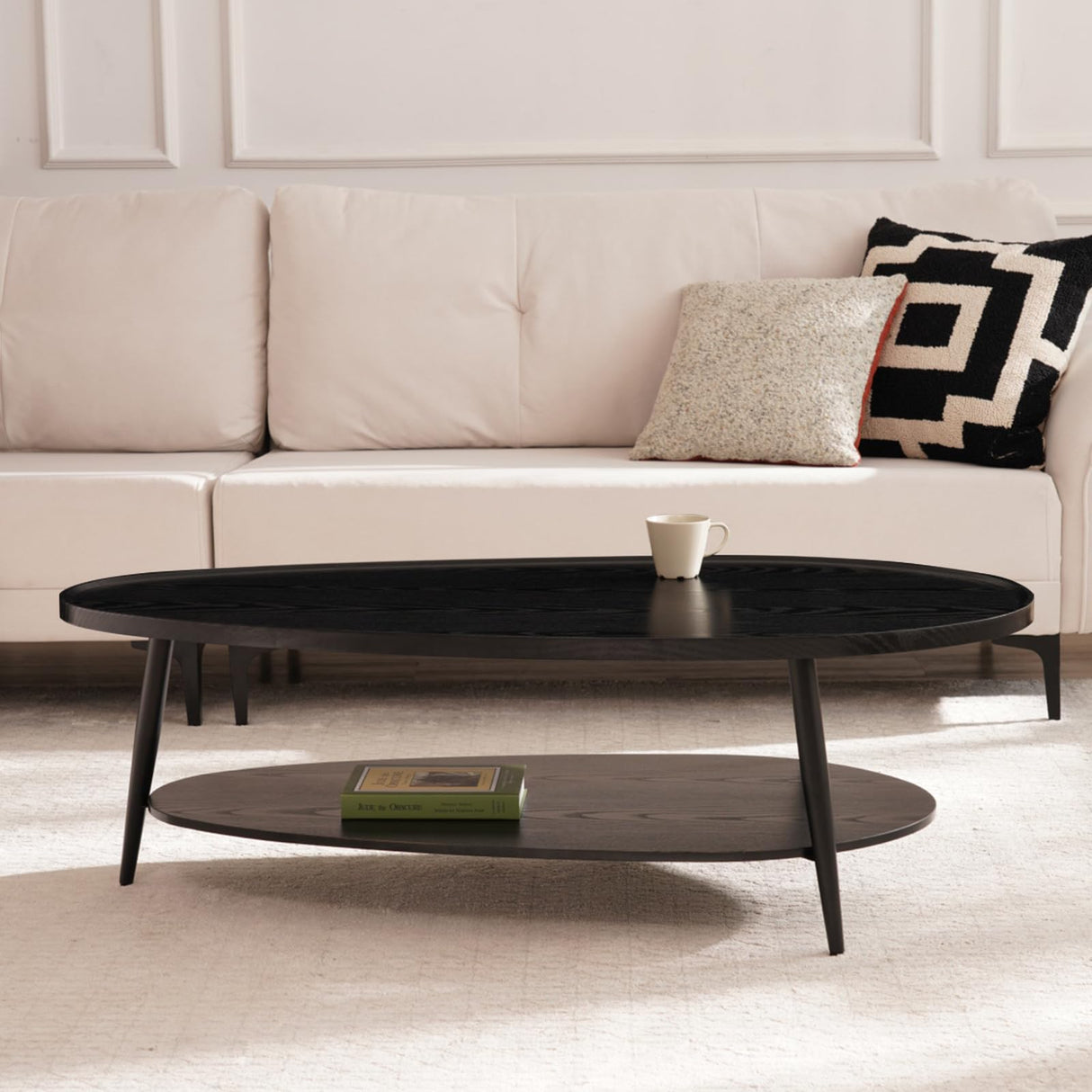 Shrine Black Oval Coffee Table, Mid-Century Modern Coffee Table, Black Walnut Wood Table for Living Room, D47''x W23.6''x H15'', Sleek Conical Metal Legs with Black Finish Shrine