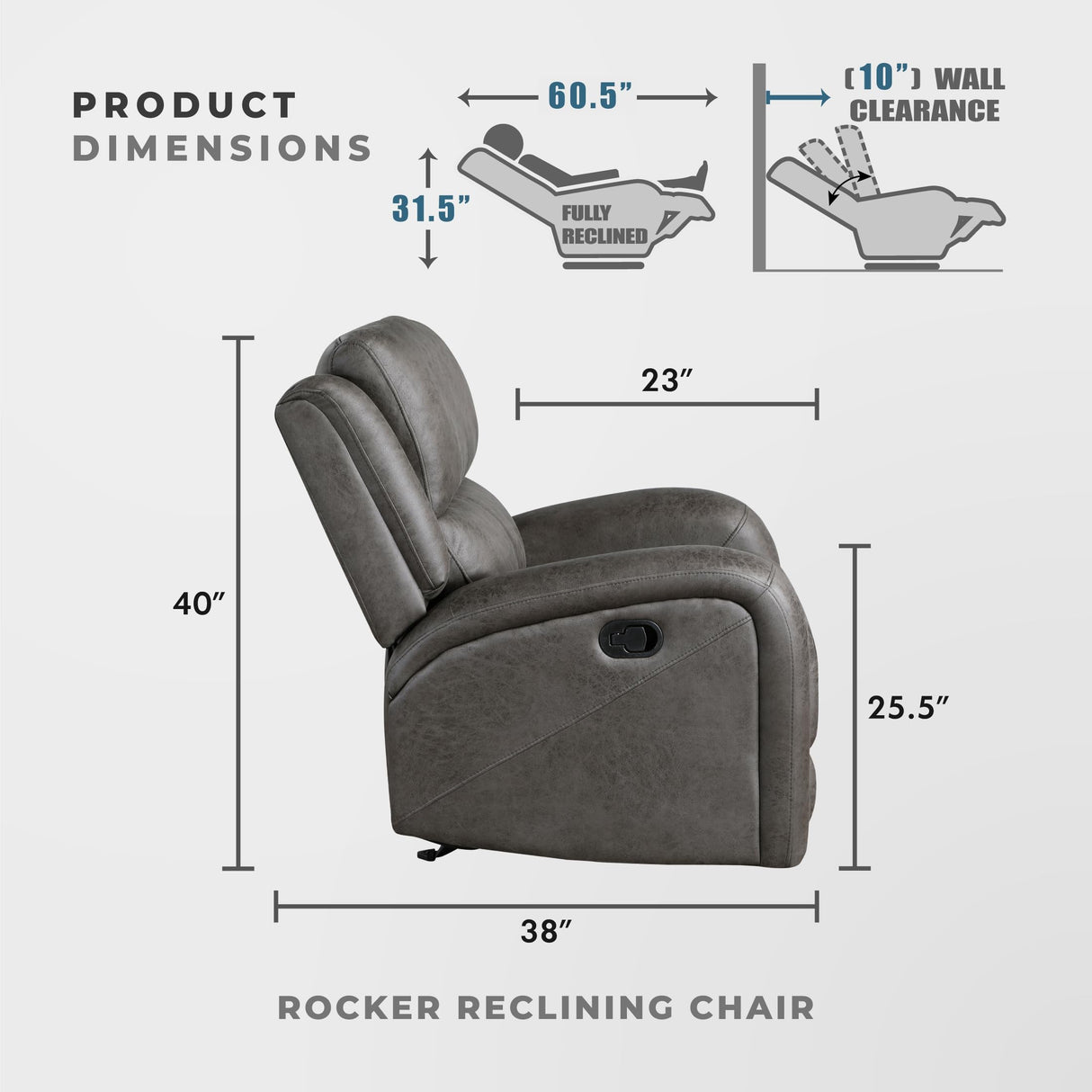 Lexicon Rocker Recliner Chair, Reclining Rocking Chair, Home Theater Reclining Seat, Manual Recliner Seat for Living Room, Nursery, Bedroom, Office, Apartment, Grey Lexicon
