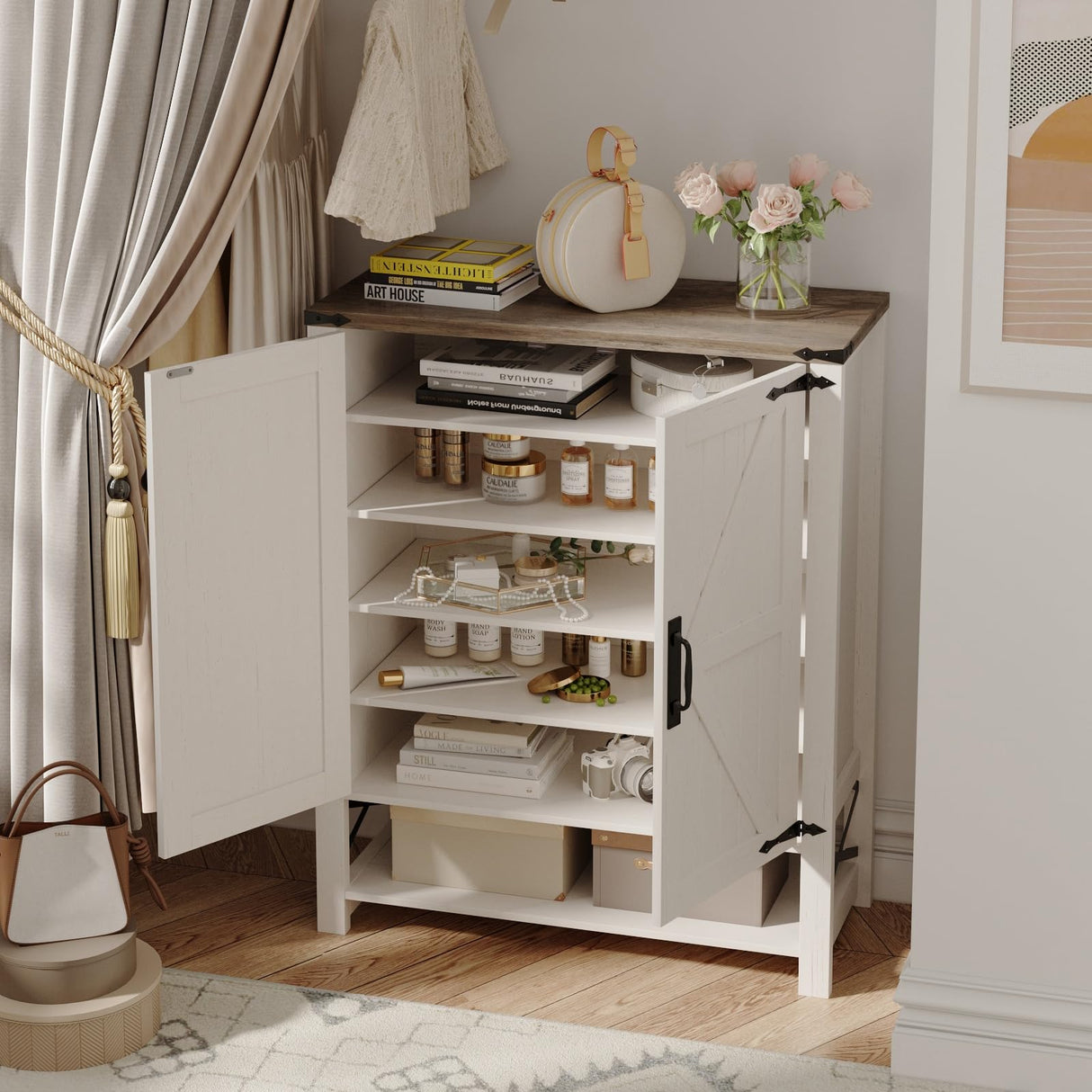 Maupvit Shoe Cabinet with Doors, 6-Tier Farmhouse Shoe Storage Cabinet with Adjustable Shelves, Shoe Shelf, Wooden Shoe Rack Organizer Cabinet for Entryway, Foyer, Hallway, Living Room, White Maupvit