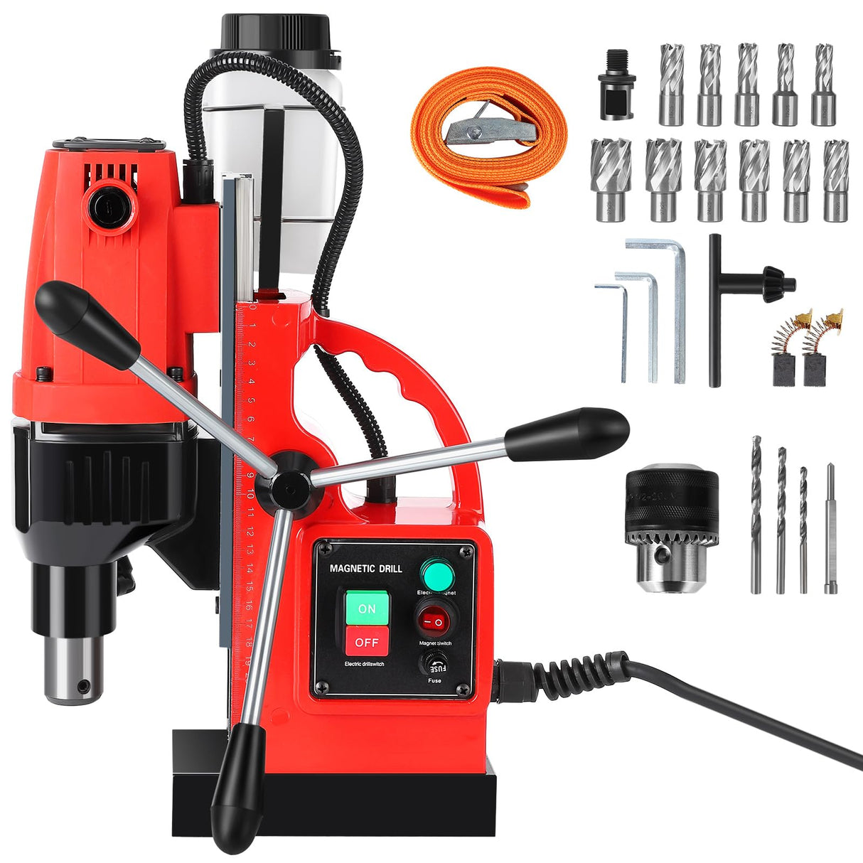 GARVEE Magnetic Drill Press, 1100W 550RPM Portable Mag Drill Press, Magnetic Core Drilling Machine for Metal Working,14Pcs Annular Cutters Drill Bits,Red GARVEE