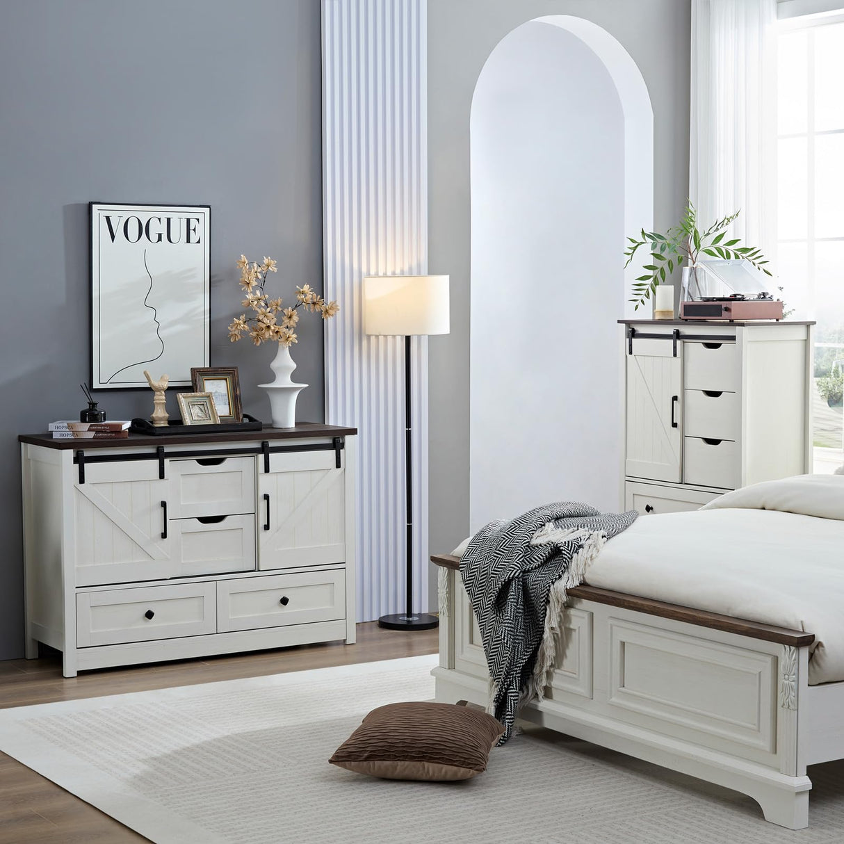 BOSHIRO White Dresser for Bedroom with 5 Drawers, 48" Tall Dresser w/Sliding Barn Door, Farmhouse Dresser 5 Chest of Drawers for Bedroom, Hallway, Living Room, Dining Room, Antique White BOSHIRO