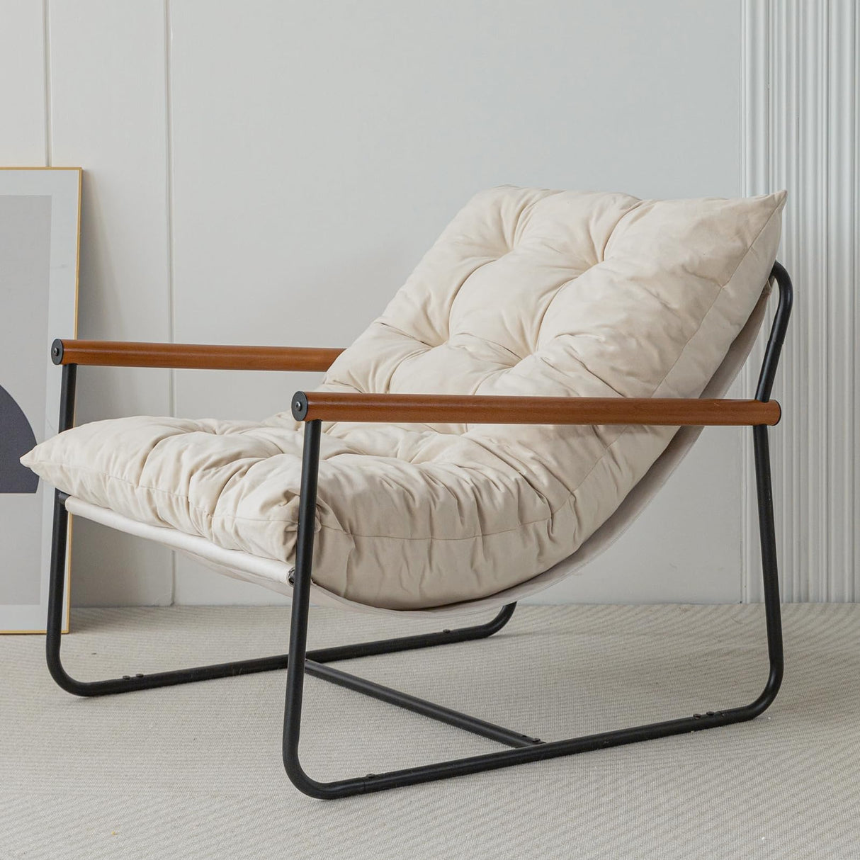 MAXYOYO Accent Chair, Velvet Arm Chair Living Room Chair with Metal Frame, Reading Accent Chair, Modern Bedroom Chair, Boucle Armchair with Wooden Arms, Beige MAXYOYO