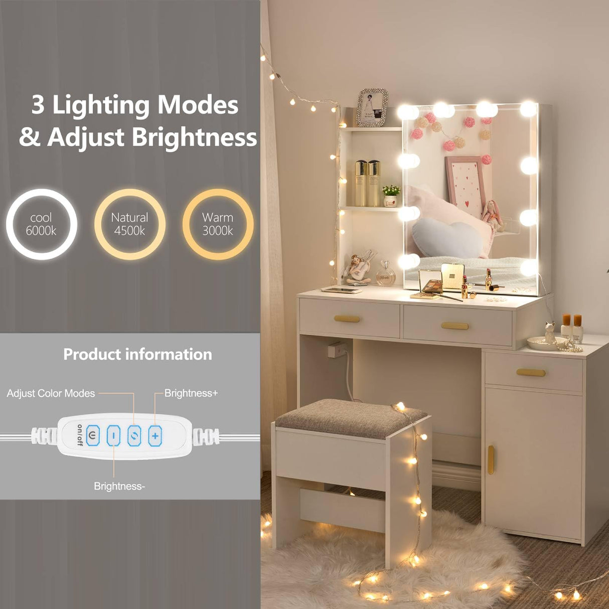ANWBROAD Makeup Vanity Desk Vanity Set with 10 LED Bulb Lighted Sliding Mirror Makeup Vanity Table with Charging Station Nightstand 3 Colors Modes Dimming Cushioned Stool Dressing Table White UBDT54W ANWBROAD