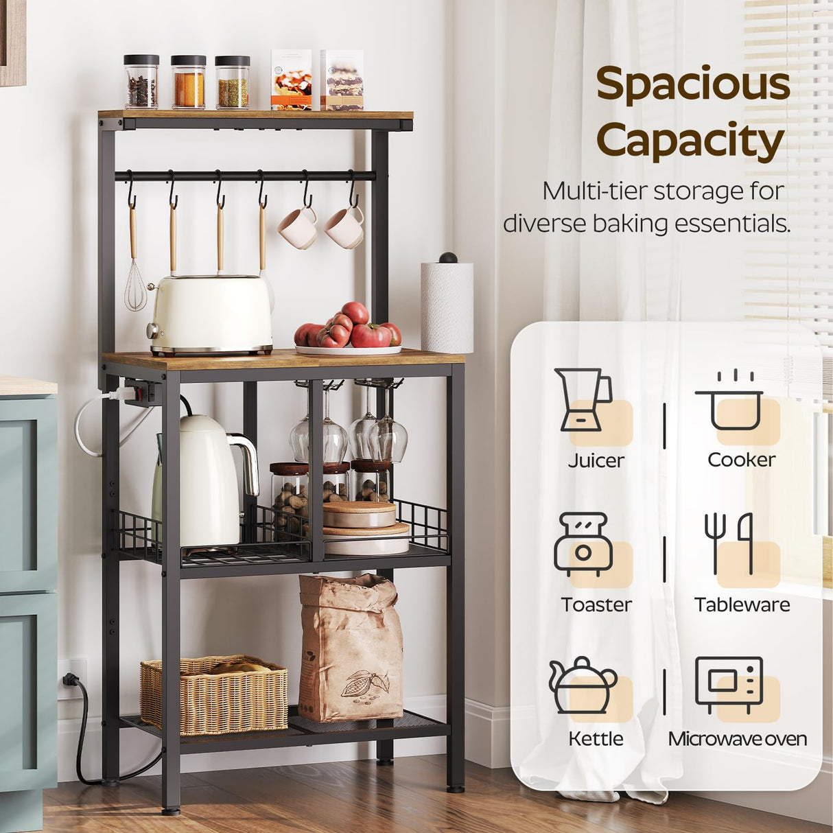 YATINEY Bakers Rack, 4-Tier Microwave Stand, Bakers Rack with Power Outlet, Kitchen Storage Rack with Wine Glass Holder and Paper Holder, for Kitchen, Dining Room, Living Room, Rustic Brown HB02UBR YATINEY