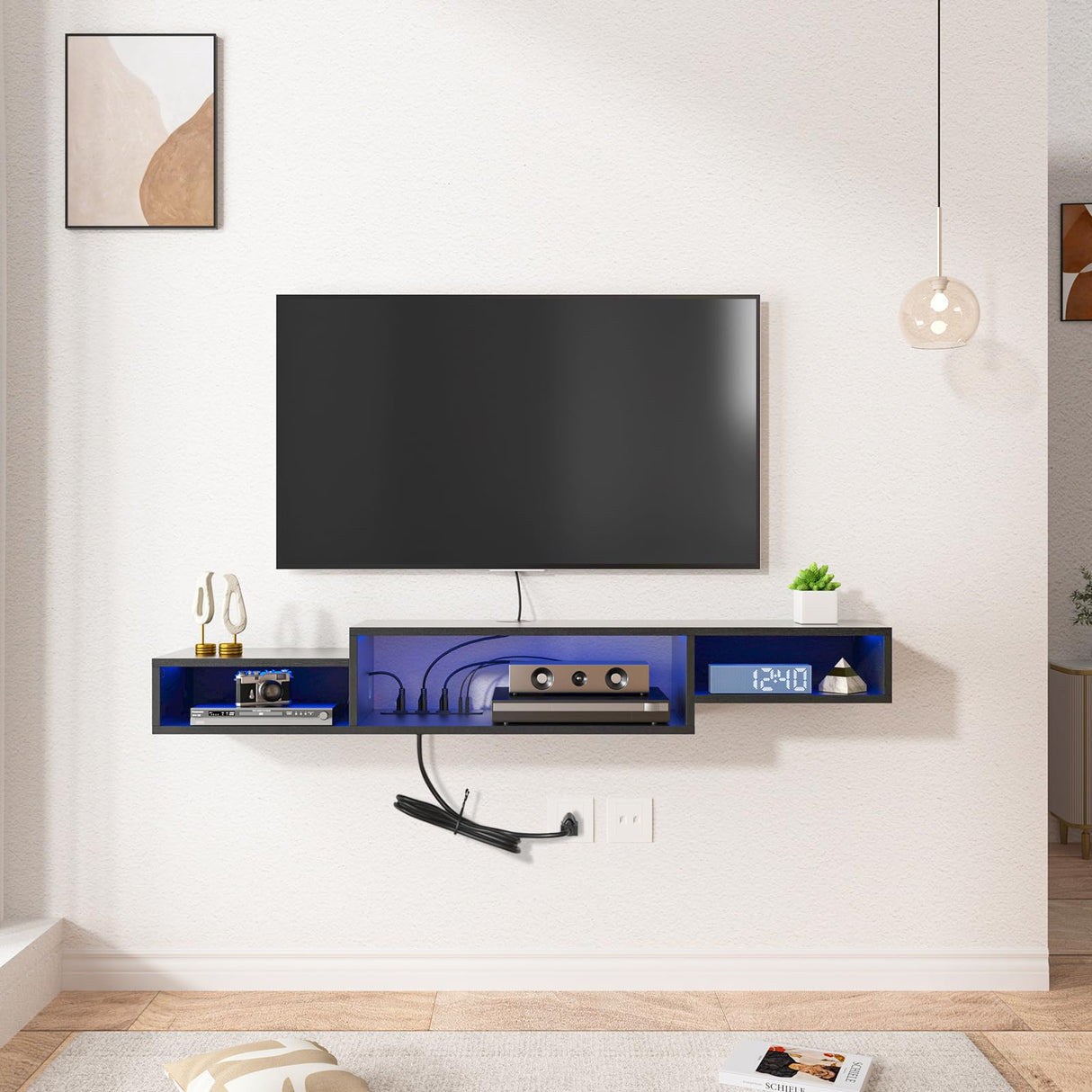 FABATO 59'' Floating TV Stand with LED Light Power Outlet, Floating Shelf for Under TV Wall Mount with Storage Shelf, Media Console Entertainment Center for Living Room, Black FABATO
